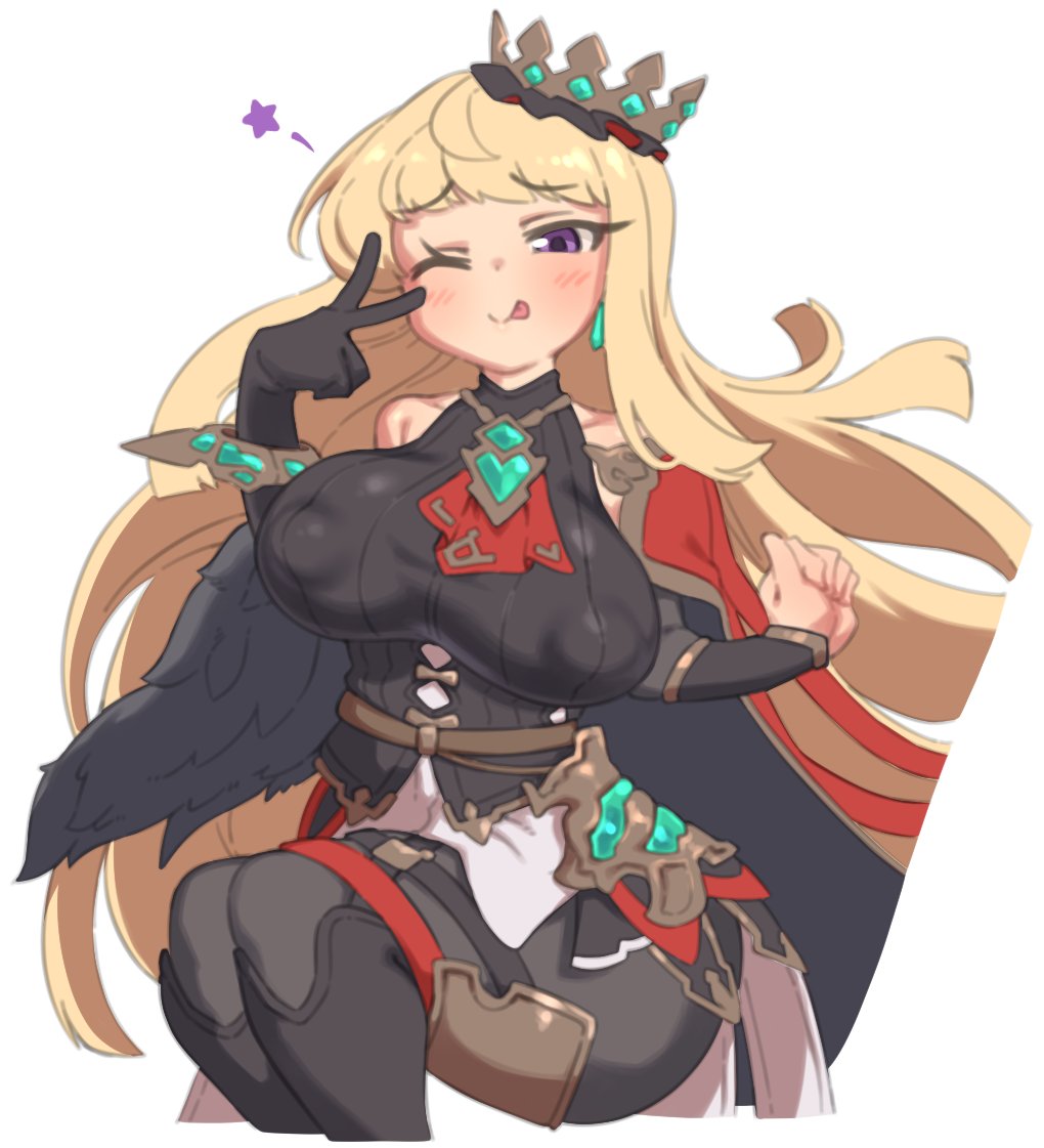 1girls asymmetrical_clothes basukechi_(basuke/bskchi5) big_breasts black_gloves blonde_hair blush bracelet breasts cagliostro_(granblue_fantasy) earrings elbow_gloves eyebrows_visible_through_hair female female_only granblue_fantasy large_breasts light-skinned_female light_skin long_hair looking_at_viewer nipple_bulge purple_eyes ring sleeveless smile solo thick_thighs thighhighs tongue tongue_out v wink