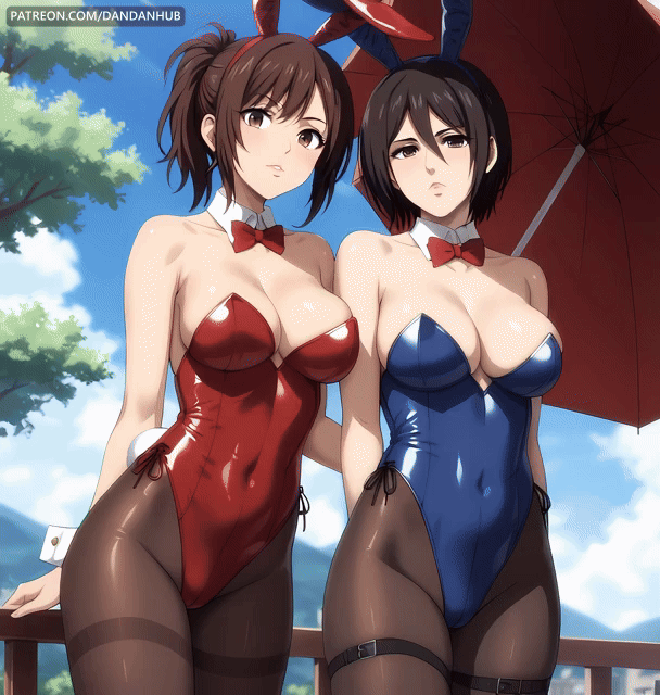 2girls ai_generated animal_ears arms_behind_back attack_on_titan bangs bare_shoulders black_hair blue_leotard blue_sky bow bowtie breasts brown_eyes brown_hair cleavage closed_mouth cloud collarbone covered_navel cowboy_shot dandanhub day detached_collar fake_animal_ears hair_between_eyes hange_zoe hanji_zoe highleg highleg_leotard large_breasts leotard looking_at_viewer mikasa_ackerman multiple_girls outdoors pantyhose parted_lips playboy_bunny ponytail rabbit_ears rabbit_tail railing red_bow red_bowtie red_leotard shingeki_no_kyojin shiny shiny_clothes short_hair side-tie_leotard sky standing strapless strapless_leotard tail thigh_strap thighband_pantyhose tree umbrella watermark web_address wrist_cuffs