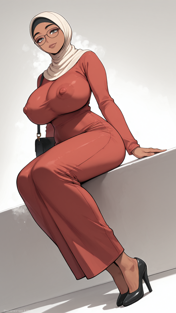 1girls, ai generated, bag, breasts, covered nipples, dark skin, dark-skinned female, dress, female, glasses, grey eyes, heels, hijab, large breasts, lips, skin tight, smile, supergetthi