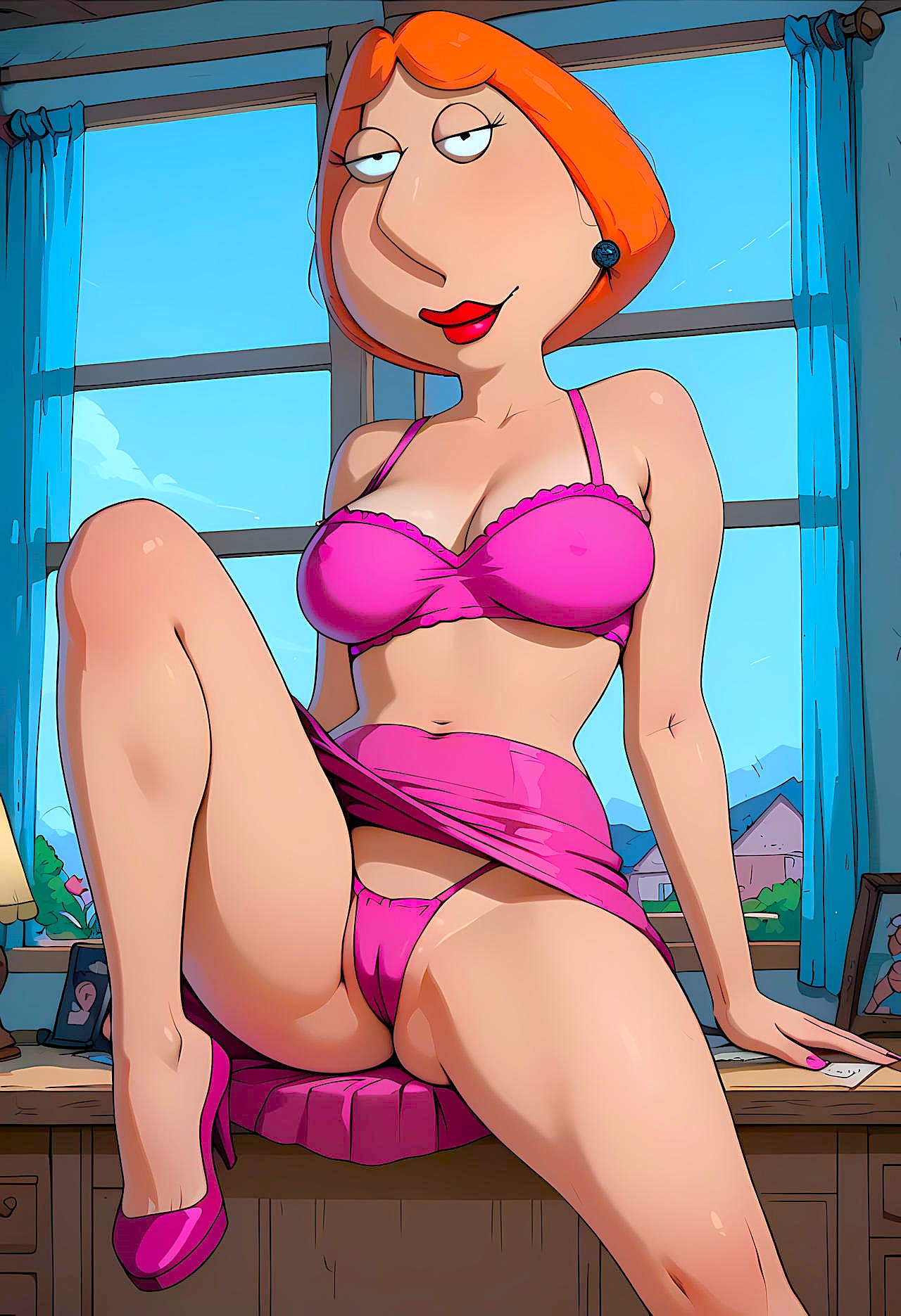 1girls, ai generated, bra, breasts, cameltoe, cleavage, family guy, female, female only, lois griffin, looking at viewer, milf, pink bra, pink thong, pussy, solo, solo female, thighs, thong
