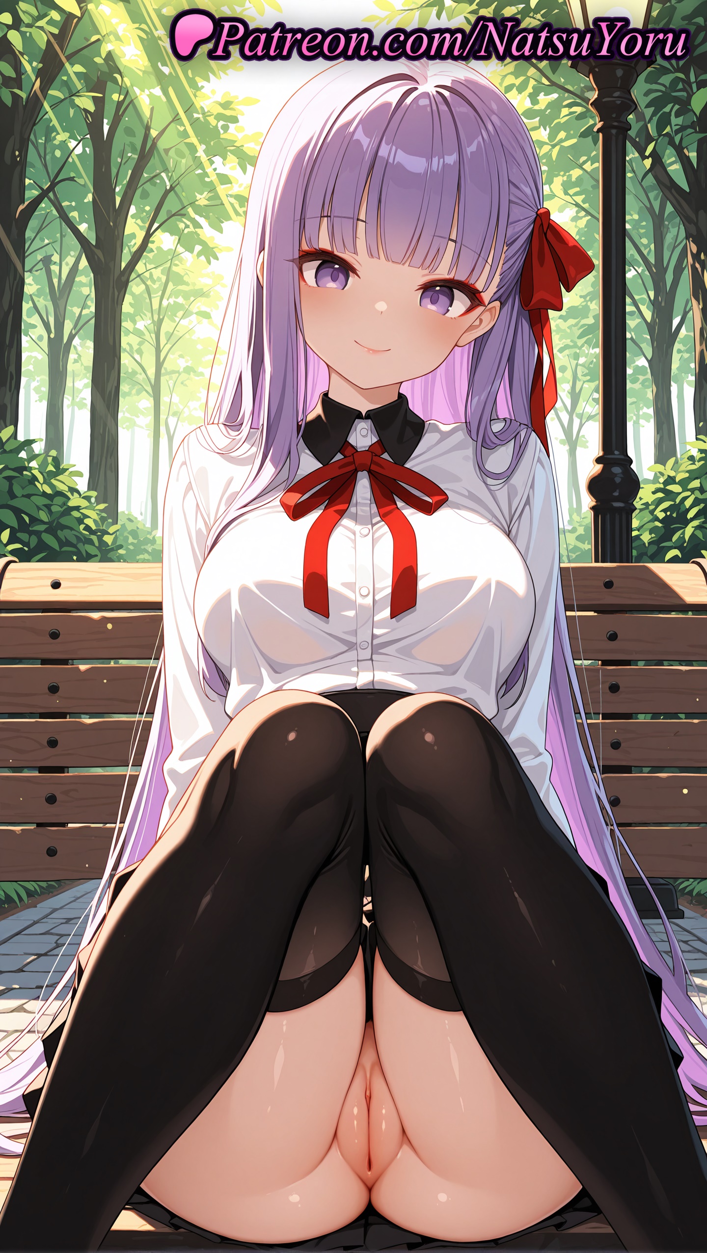 1girls, 2025, ai assisted, ai generated, anime, anime style, bangs, bb (fate), bb dubai (fate), black skirt, black thighhighs, blush, breasts, collared shirt, fate (series), fate/extra ccc, fate/grand order, female, hair ribbon, hi res, high quality, high resolution, high-waist skirt, highres, large breasts, long hair, long sleeves, looking at viewer, natsuyoru, neck ribbon, no panties, outdoors, patreon, purple eyes, purple hair, pussy, red ribbon, ribbon, ribbon tie, shirt, sitting, skirt, smile, solo, stable diffusion, thighhighs, vagina, very long hair, voluptuous, voluptuous female, white shirt