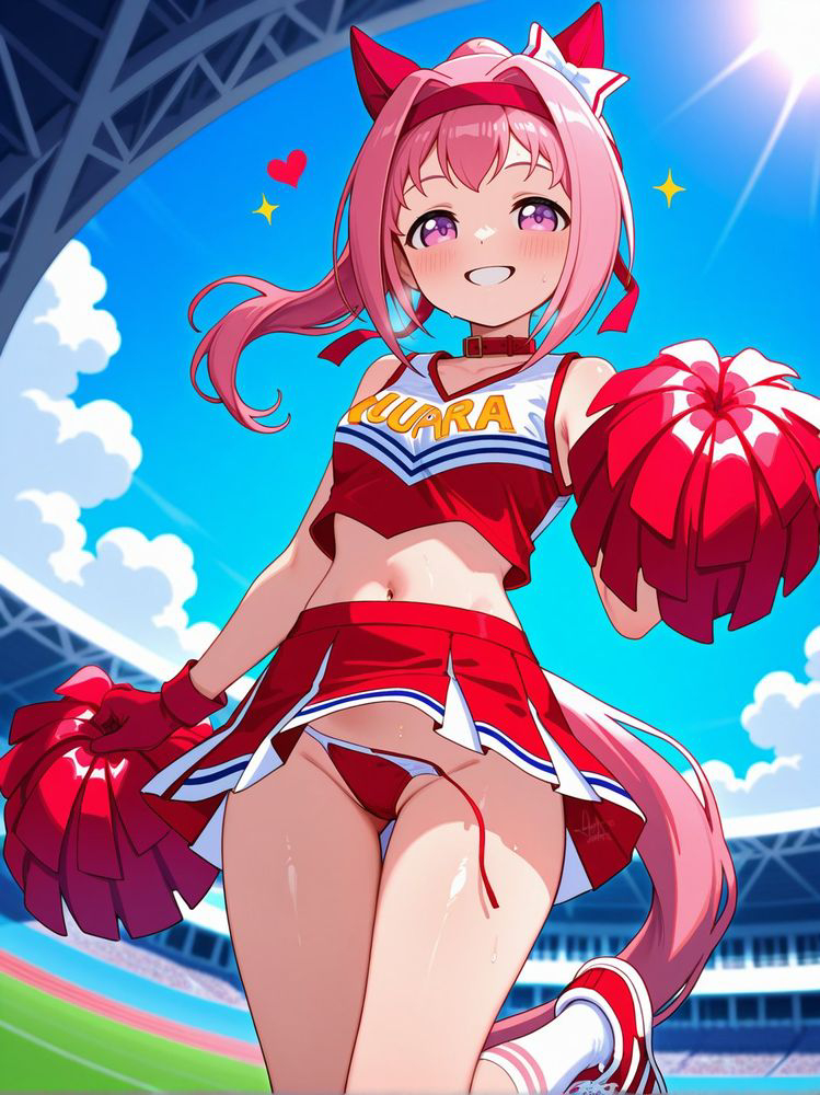 ai generated, animal ears, bandana, breasts, cheerleader uniform, female, haru urara (umamusume), looking at viewer, pink hair, ponytail, small breasts, string panties, umamusume, umamusume pretty derby, white ribbon
