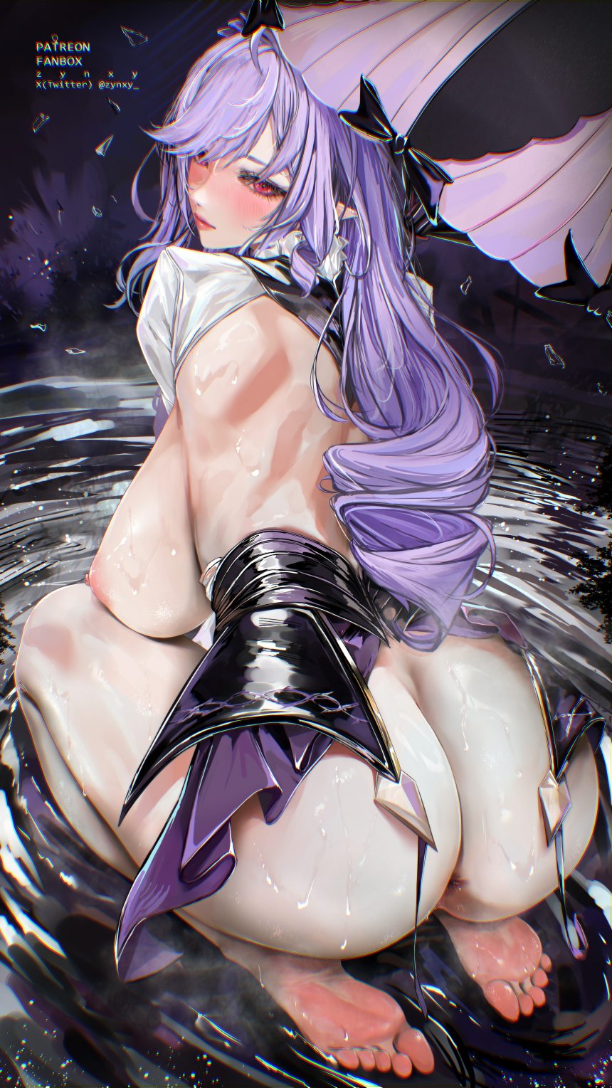 anus artist_name ass back black_bow blush bow breasts closed_mouth commentary curly_hair fanbox_username female hair_ribbon highres huge_breasts long_hair looking_back nipples parasol patreon_username pink_eyes pink_lips pointy_ears purple_hair purple_ribbon purple_skirt ribbon seiza shirt shoulder_blades sitting skirt solo thighs twitter_username umbrella vivian_(zenless_zone_zero) vivian_banshee water white_shirt zenless_zone_zero zynxy