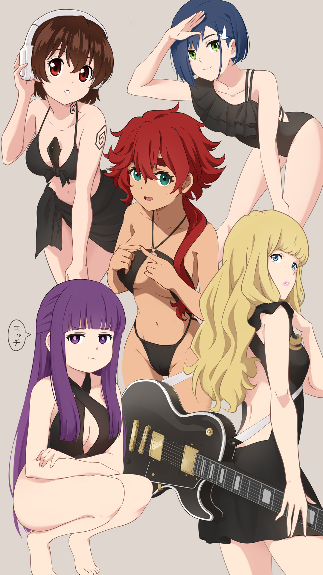5girls, arm up, barefoot, between breasts, bikini, black bikini, black dress, black one-piece swimsuit, blonde hair, blue eyes, blue hair, blunt bangs, breasts, brown hair, carole and tuesday, casual one-piece swimsuit, cellphone, closed mouth, commentary request, criss-cross halter, cropped legs, crossover, dark skin, dark-skinned female, darling in the franxx, dr. stone, dr.stone, dress, electric guitar, feet, female, fern (sousou no frieren), front-tie bikini top, front-tie top, green eyes, grey background, guitar, gundam, gundam suisei no majo, hair between eyes, hair ornament, hair over shoulder, hairclip, halterneck, headphones, highleg, highleg bikini, highres, human, ichigo (darling in the franxx), ichinose kana, index fingers together, instrument, katy kimuura, laofuzi dai bansho, leaning forward, long hair, looking at viewer, low ponytail, medium breasts, multiple crossover, multiple females, multiple girls, navel, o-ring, o-ring top, og bulldog, ogawa yuzuriha, one-piece swimsuit, parted lips, phone, ponytail, pout, purple eyes, purple hair, purple pupils, red eyes, red hair, sarong, short eyebrows, short hair, shounen jump, sidelocks, simple background, smartphone, smile, sousou no frieren, speech bubble, split mouth, squatting, suletta mercury, swimsuit, teeth, thick eyebrows, toes, tuesday simmons, turning head, voice actor connection