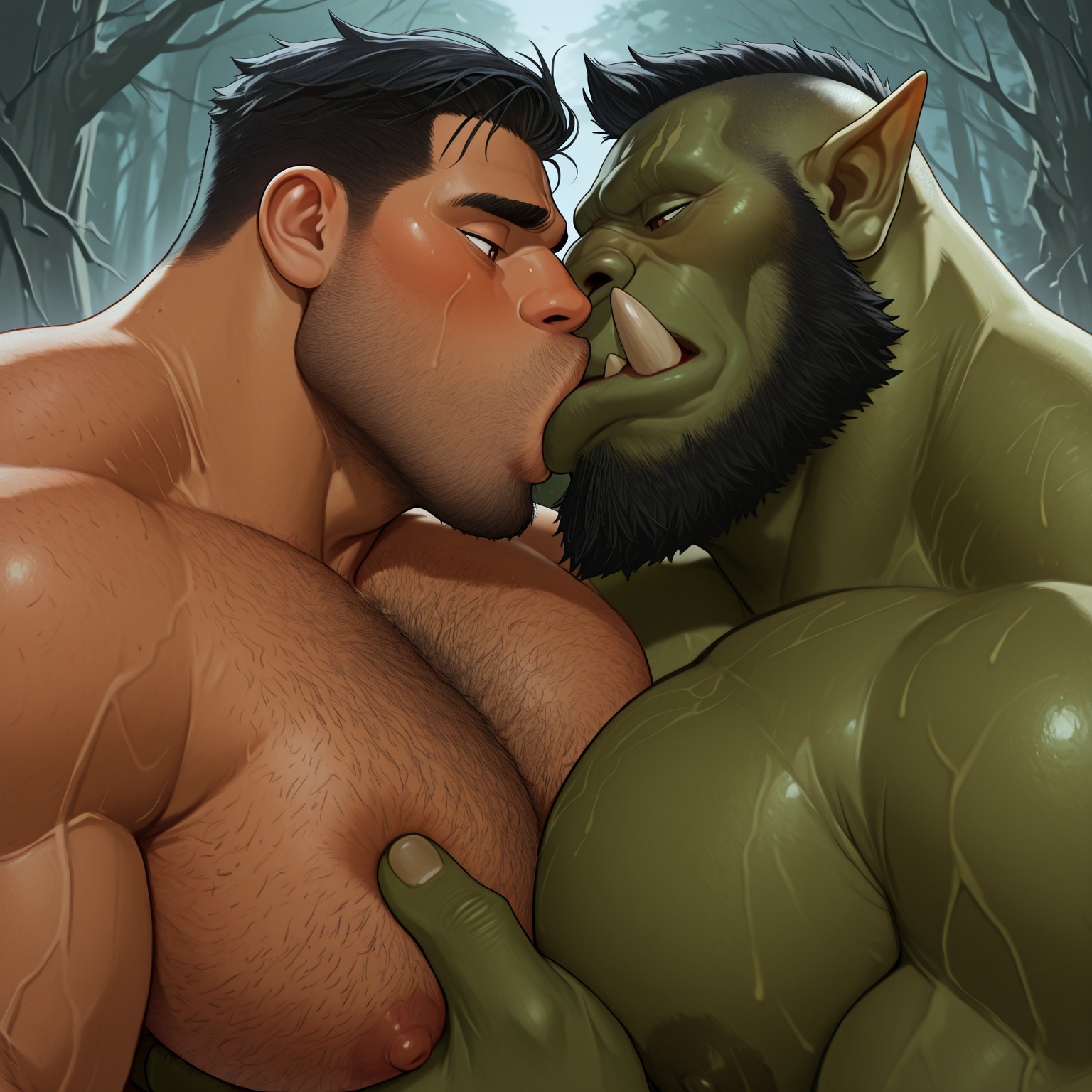 2boys, abs, ai generated, arm hair, balls, bara, beard, big dom small sub, big muscles, big nipples, big pecs, chest hair, daddy, dilf, dominant, dominant humanoid, dominant male, duo, erect nipples, gay, green body, hair, hairy, hairy balls, hairy male, happy trail, huge muscles, huge nipples, huge pecs, human, human on humanoid, humanoid, humanoid dominating human, humansub, hunk, interspecies, kissing, larger humanoid, larger male, male, male only, male/male, muscles, muscular, muscular human, muscular male, musk, nipples, nude, orc, pec grab, pecs touching, pointy ears, pubic hair, romantic, romantic couple, sex, size difference, smaller human, smaller male, submissive, submissive human, submissive male, tessaiisan, tusks, yaoi