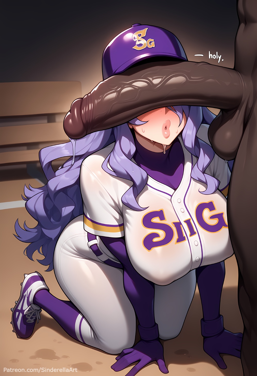 1boy, ai generated, baseball uniform, blush, breasts, busty, camilla (fire emblem), cant see the haters, clothes writing, commission, covered nipples, dark skin, dark-skinned male, elbow gloves, erection, female, fire emblem, fire emblem fates, gloves, hair over one eye, hat, kneeling, large breasts, lips, long hair, male, nintendo, patreon, patreon url, patreon username, penis, purple gloves, purple hair, purple legwear, sinderellaart, solo focus, straight, sweat, thick, uncensored, veins, veiny penis, voluptuous