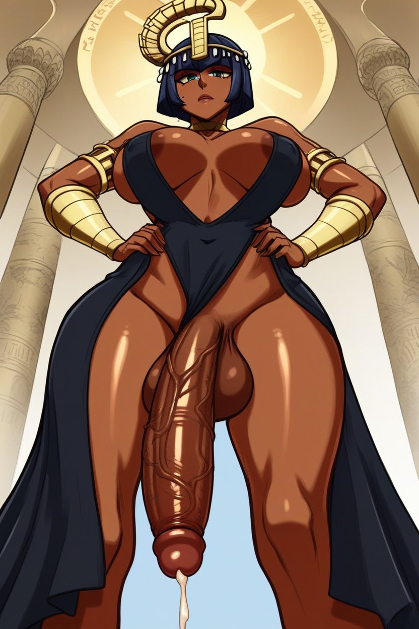 2d, ai generated, arm band, armguard, armlet, black dress, breasts, cum leaking, dark skin, dark-skinned futa, egyptian, eliza (skullgirls), futanari, gold armguards, head piece, headwear, intersex, large breasts, large penis, penis, skullgirls, thick thighs