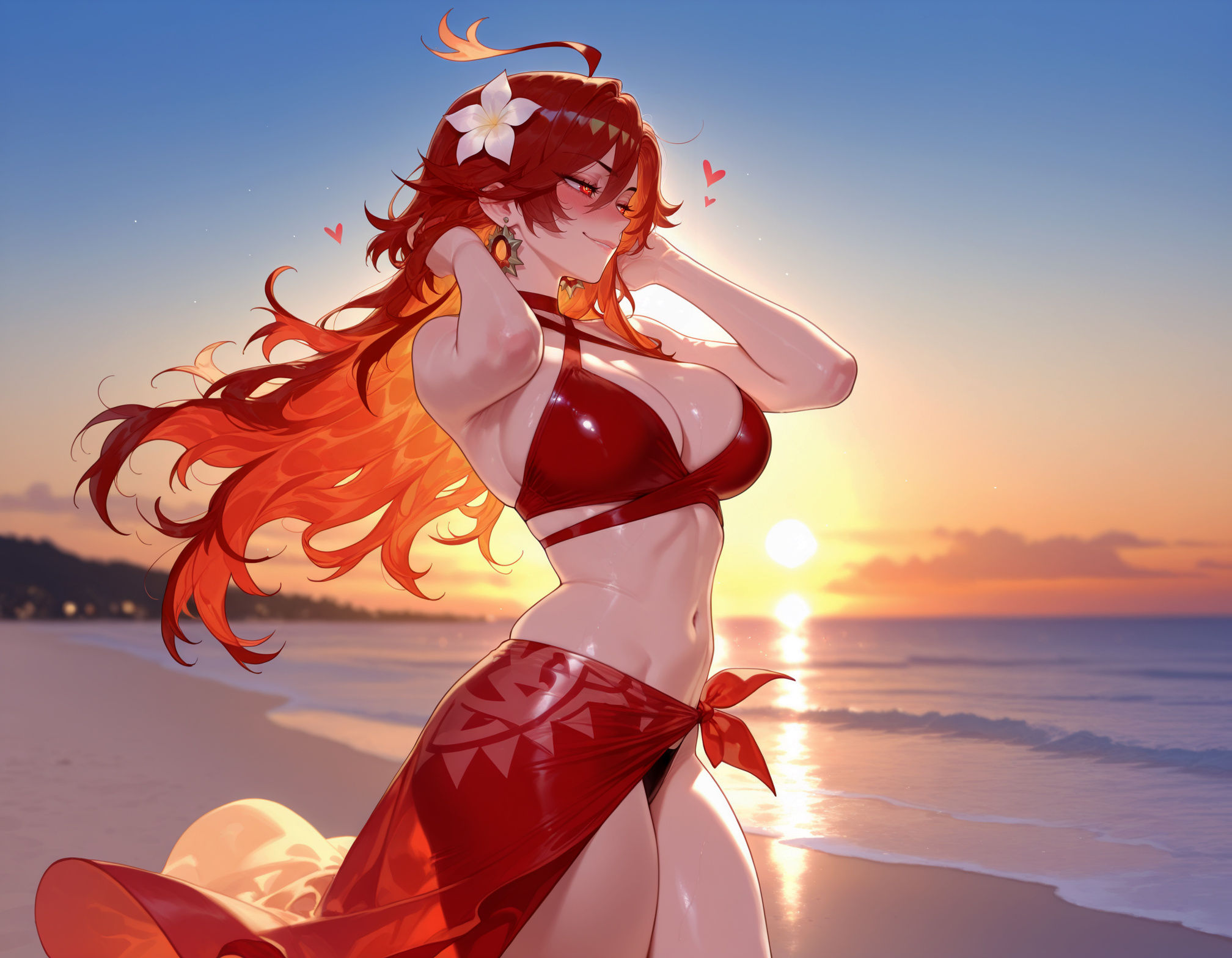 1girls, ahoge, ai generated, armpits, arms up, balecxi, bangs, bare arms, bare shoulders, beach, bikini, black bikini, blue sky, blush, breasts, choker, clavicle, cleavage, closed mouth, clothing, cloud, criss-cross halter, curvaceous, curvaceous female, curvaceous figure, curvy, curvy figure, day, earrings, exhibitionism, female, female focus, female only, flower, genshin impact, gradient sky, hair between eyes, hair flower, hair ornament, halterneck, heart, hoyoverse, jewelry, large breasts, long hair, mavuika (genshin impact), navel, ocean, outdoors, outside, red bikini, red eyes, red flower, red hair, red swimsuit, sand, sarong, sky, smile, solo, standing, stomach, string bikini, sun, sunset, swimsuit, thighs, voluptuous, voluptuous female, water, white flower