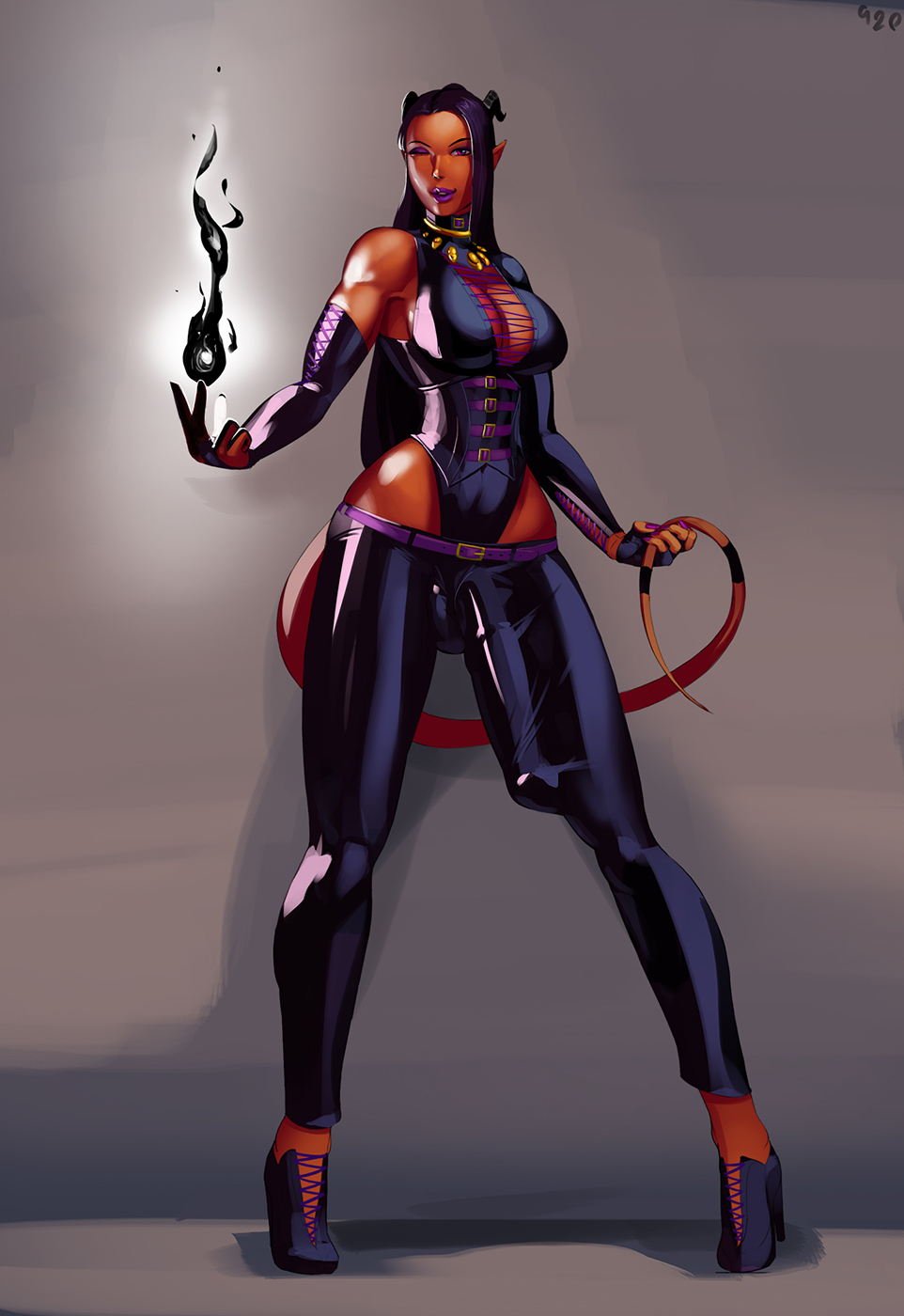 1futa, aka6, arm sleeves, belt, big penis, breasts, bulge, choker, cleavage, collar, corset, demon, erection, erection under clothes, fingerless gloves, full cleavage, futa only, futanari, high heels, horns, horsecock, huge cock, intersex, latex, long tail, looking at viewer, magic, penis, penis shaped bulge, penis to the knees, penis under clothes, phaeshalee, pointy ears, purple lipstick, solo, tail, tan, tanned skin, wink