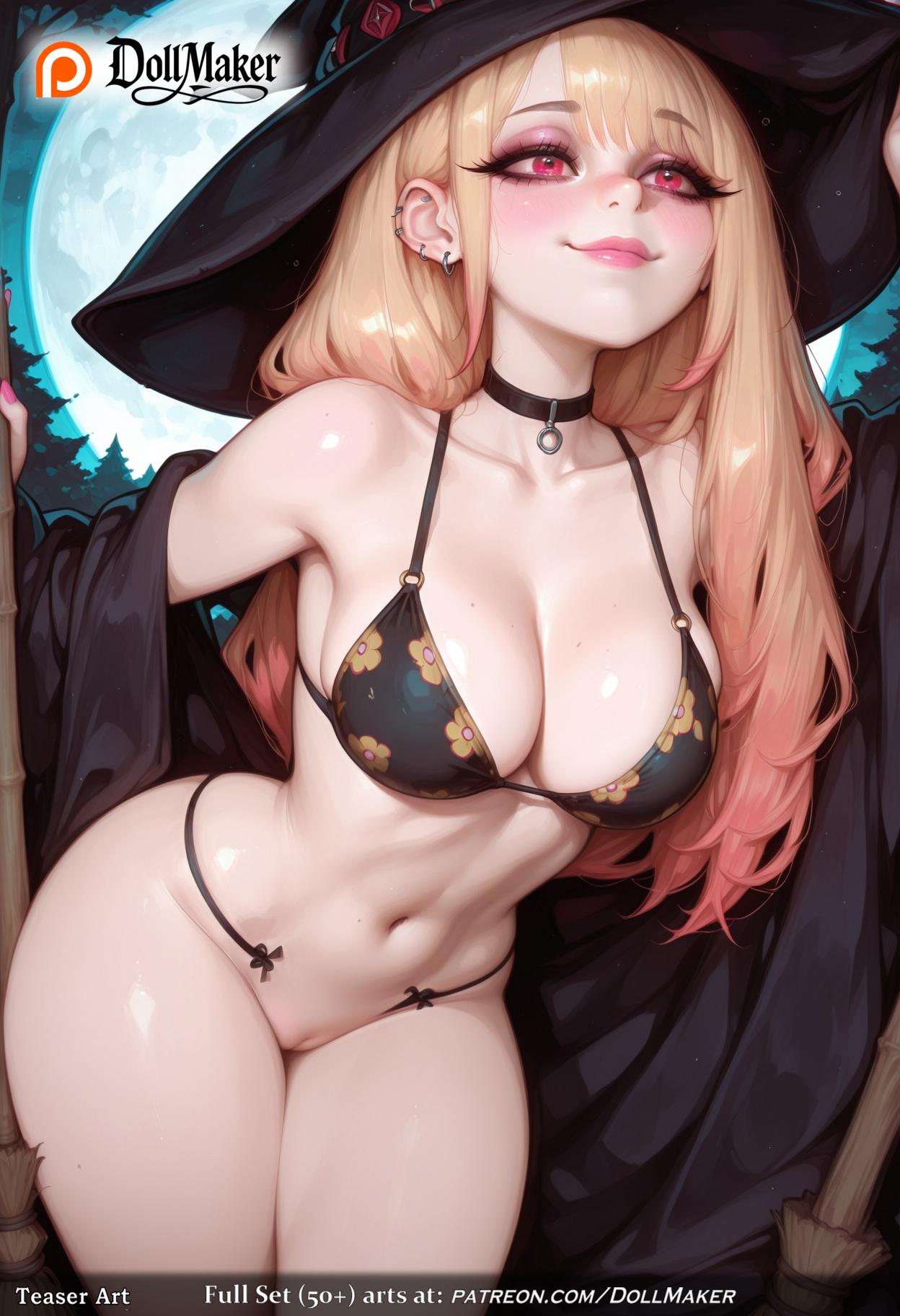 ai_generated bangs bat bikini black_bikini black_choker black_headwear blonde_hair breasts broom choker cleavage closed_mouth collarbone crescent_moon dollmaker earrings female full_moon halloween hat jewelry lips long_hair looking_at_viewer medium_breasts mole mole_on_breast moon navel night night_sky open_clothes piercing red_eyes rose sitting smile solo swimsuit tagme witch witch_hat
