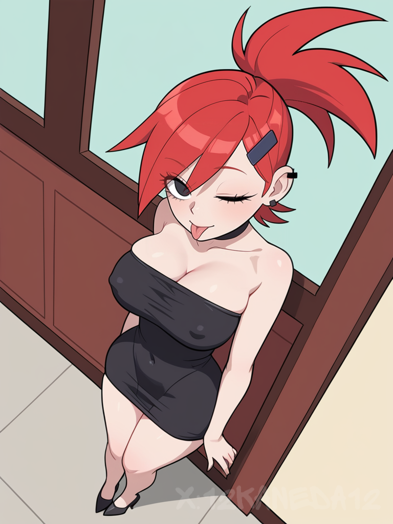 12kaneda12 :p ai_generated black_dress breasts female frankie_foster large_breasts nipple_bulge piercing red_hair tight_clothing watermark wide_hips wink