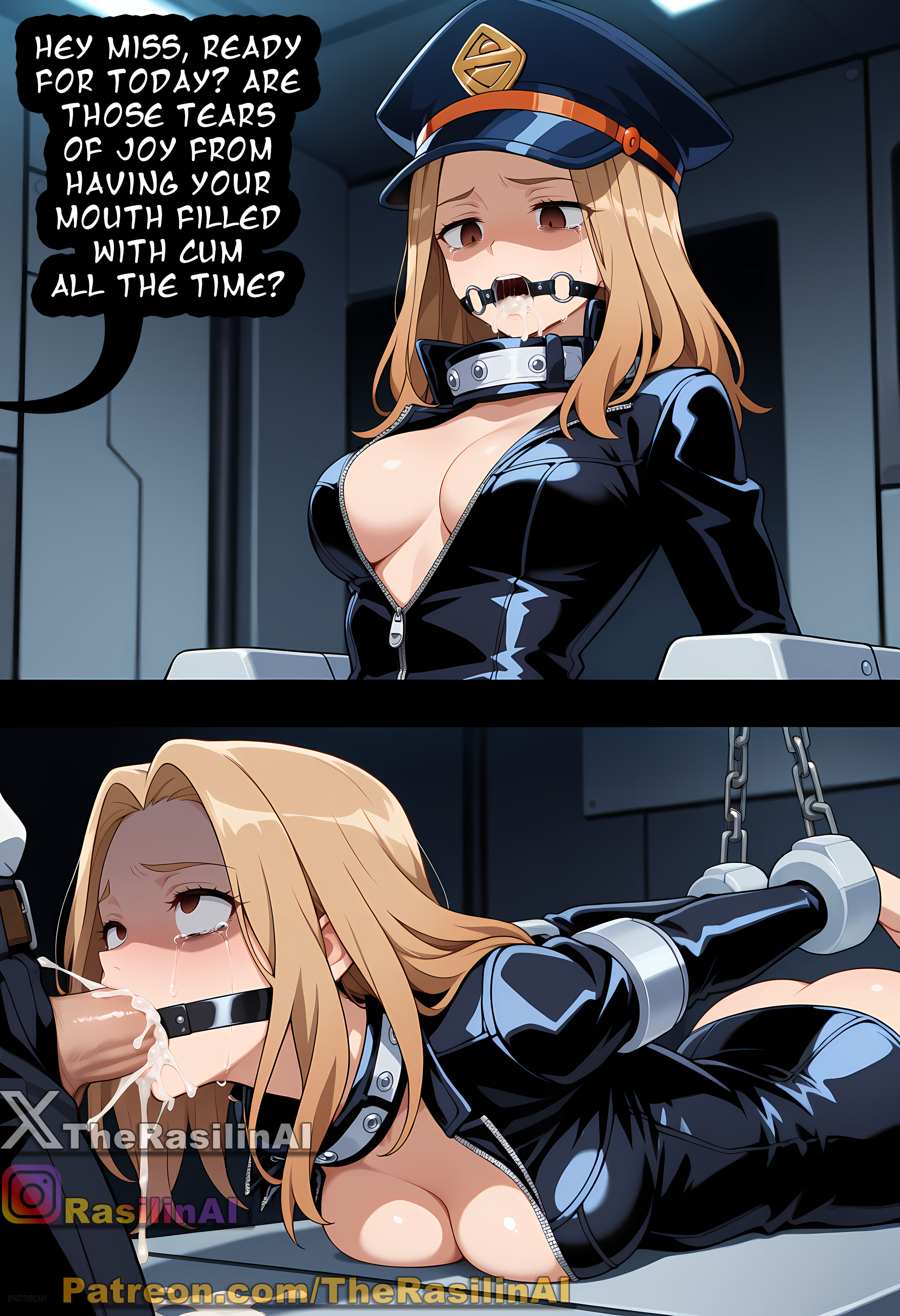 1boy, 1girls, 2koma, ai generated, blonde hair, blonde-haired female, boku no hero academia, bondage, bottomless, bound, bound arms, bound wrists, breast press, breasts, broken rape victim, camie utsushimi, captured, captured heroine, chains, cleavage, crying, cum, cum in mouth, defeated, defeated heroine, duo, empty eyes, english, english text, female, forced, gag, gagged, irrumatio, light skin, light-skinned female, light-skinned male, male, medium breasts, my hero academia, on stomach, open clothes, oral, oral sex, penis, rape, rasilinai, restrained, ring gag, stable diffusion, tagme, tears, text, yellow eyes