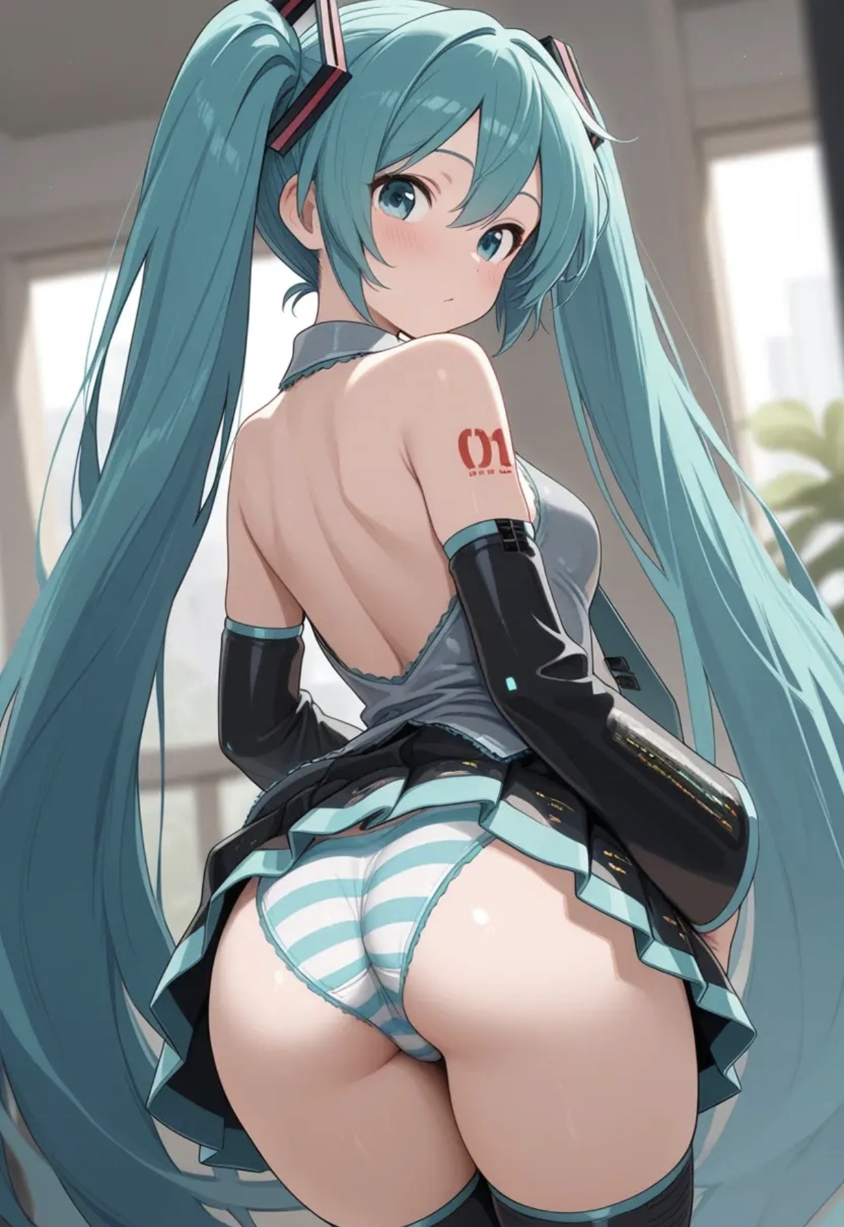 1girl, ai, ai assisted, ai generated, animated, aqua eyes, aqua hair, ass, back, backless outfit, bangs, bare shoulders, black skirt, black sleeves, black thighhighs, blurry, blush, breasts, closed mouth, cowboy shot, detached sleeves, female, from behind, grey shirt, hair between eyes, hair ornament, hatsune miku, indoors, long hair, looking at viewer, looking back, miniskirt, necktie, panties, pleated skirt, shirt, shoulder tattoo, skirt, sleeveless, sleeveless shirt, small breasts, solo, standing, striped, striped panties, tattoo, thigh boots, thighhighs, thighs, twintails, underwear, very long hair, window