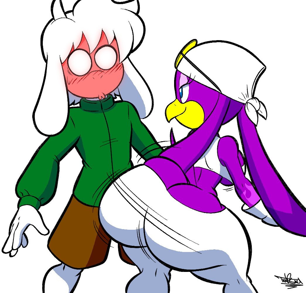 1boy, 1girls, 2025, age difference, animal humanoid, anthro, artist logo, artist name, artist signature, ass, ass cleavage, ass crack, ass shake, avian, avian humanoid, bandana, beak, big ass, big breasts, bird, bird humanoid, black eyes, blue eyes, blush, blush face, blush lines, bouncing ass, bovid, bovid humanoid, breasts, brown pants, bubble ass, bubble butt, butt crack, chebylamb, chevre (vanillabeangoat), cleavage, clothed, clothing, digital drawing (artwork), digital media (artwork), duo, eyelashes, female, floppy ears, glasses, goggles on head, green clothes, green shirt, headband, hi res, high resolution, highres, horns, huge ass, huge butt, large ass, looking at ass, looking at partner, looking back, male, male/female, mammal, mammal humanoid, motion lines, oc, original character, purple body, purple fur, seductive, seductive look, seductive smile, sega, shocked expression, shocked eyes, smiling, smiling at another, snowball (chebylamb), sonic (series), sonic riders, sonic the hedgehog (series), sunglasses, sunglasses on head, swallow (bird), tansau, thick ass, thick thighs, thighs, twerking, vanillabeangoat, wave the swallow, white body, white fur, white pants, white skin, white sports bra, wide hips, yellow beak