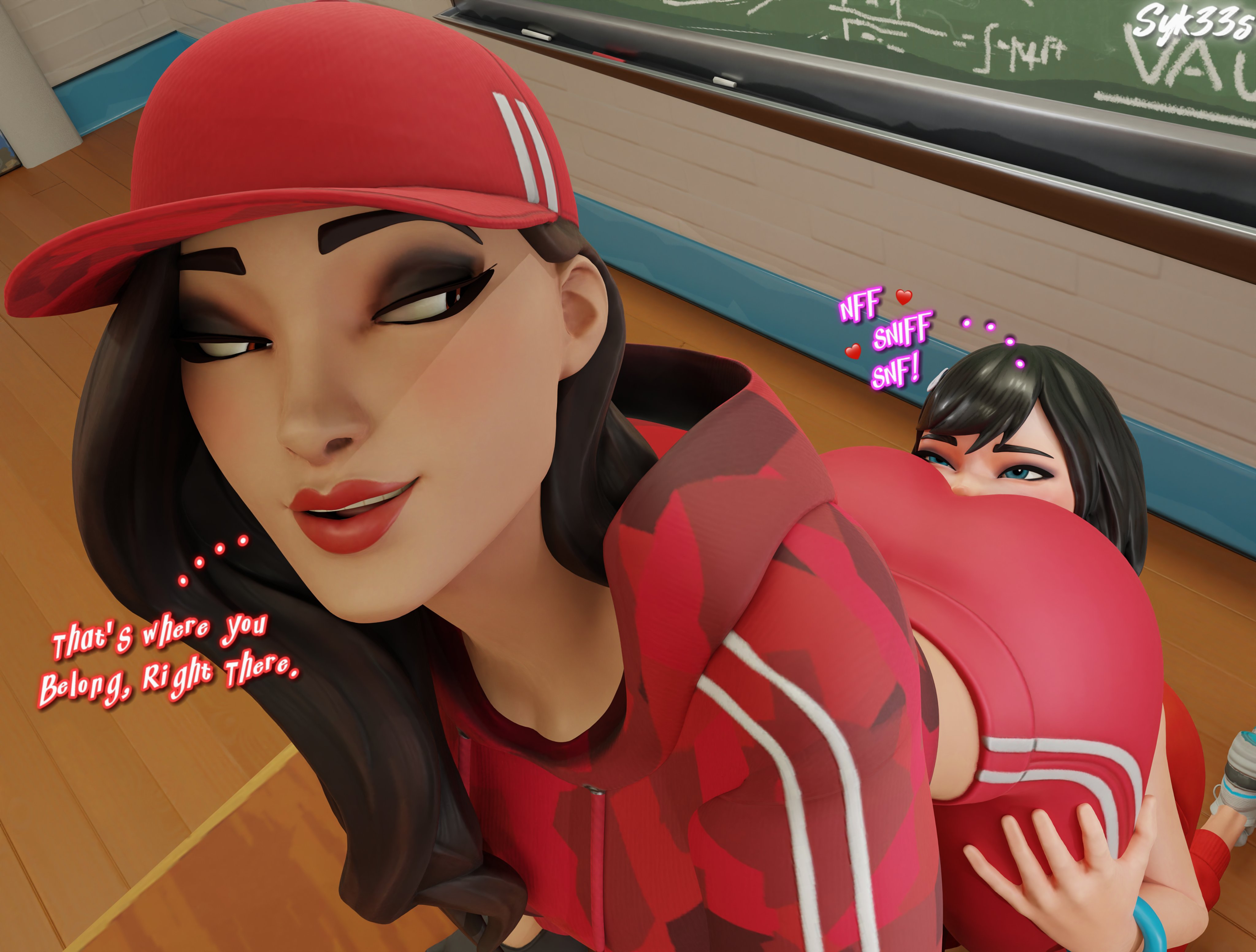 2girls, evie (fortnite), facesitting, female, fortnite, ruby (fortnite), streetwear, syk33s, tagme, yuri
