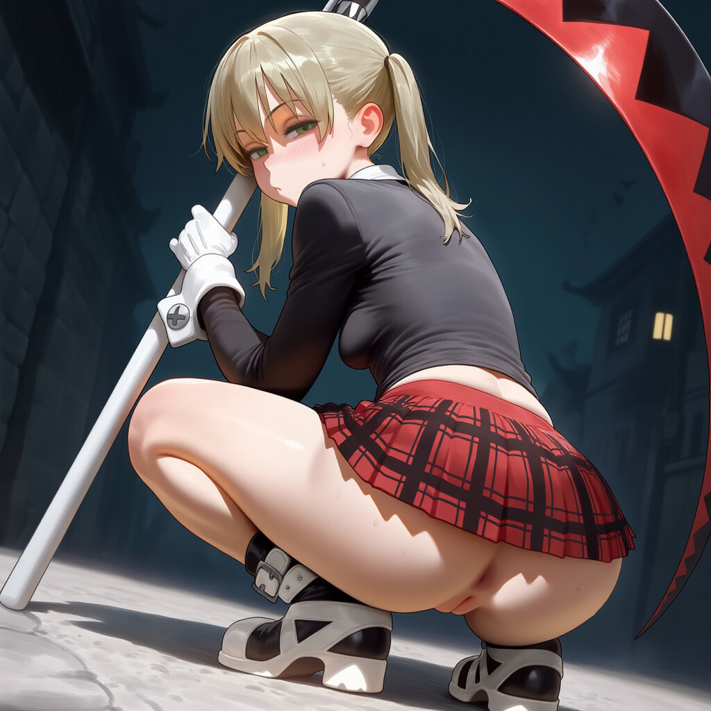 1girls, ai generated, anus, ass, breasts, female, from behind, green eyes, grey hair, gzegh, looking at viewer, looking back, maka albarn, medium breasts, night, no panties, outdoors, pussy, scythe, shirt, skirt, soul eater, squatting, street