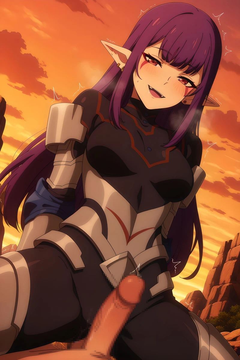 ai_generated armor censored_penis clouds demon_girl ear earrings esil_radiru full_armor full_body fully_clothed long_ears long_hair lovehuwu marking_below_eyes markings open_mouth penis princess purple_hair pussy_against_cock red_eyes sharp_teeth sitting_on_person solo_leveling sunrise warrior