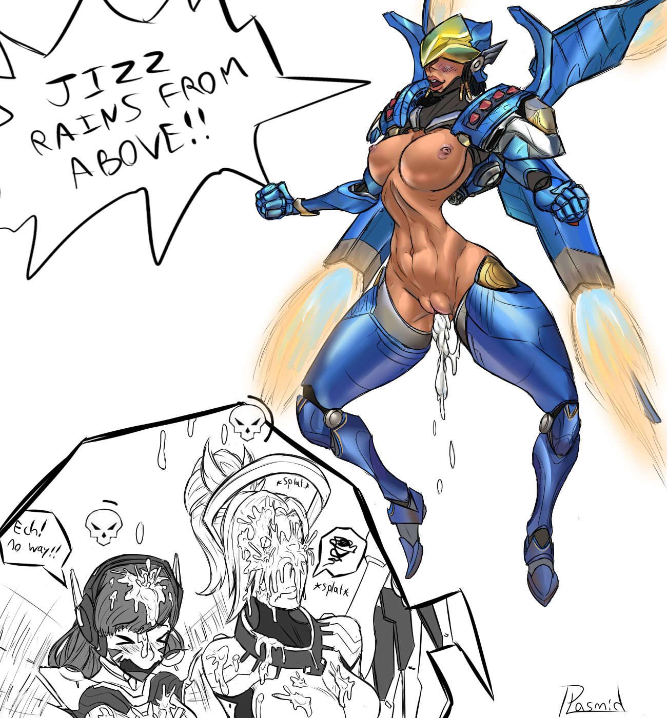 3girls, armor, black and white, blush, breasts, clothed, clothing, color, cum, cum in pussy, cum on face, d.va, dark skin, dark-skinned female, dialogue, exposed, exposed torso, facial, female, female only, headpiece, helmet, justice rains from augh, mercy, multiple females, multiple girls, muscular, nipples, open mouth, overwatch, pharah, plasmidhentai, ponytail, power armor, pussy, short hair, simple background, skull, text, vagina, visor, wings