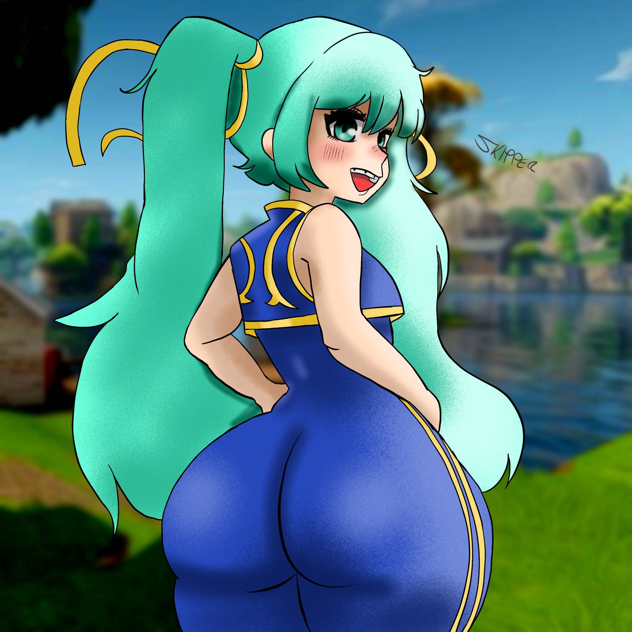 1girl, 2d, 2d (artwork), 2d artwork, aqua eyes, aqua hair, artist name, artist signature, ass, ass focus, bad id, bad twitter id, bangs, big ass, blue bodysuit, blue eyes, blue hair, blurry, blurry background, blush, bodysuit, bottom heavy, breasts, chun-li (cosplay), cosplay, crop top, day, female, fortnite, from behind, green eyes, green hair, hair ribbon, hands on hips, hatsune miku, huge ass, light skin, light-skinned female, long hair, looking at viewer, looking back, open mouth, outdoors, ribbon, sleeveless, smile, solo, street fighter, street fighter alpha, sukkipa, thick ass, twintails, video game background, video games, vocaloid, year request, yellow ribbon