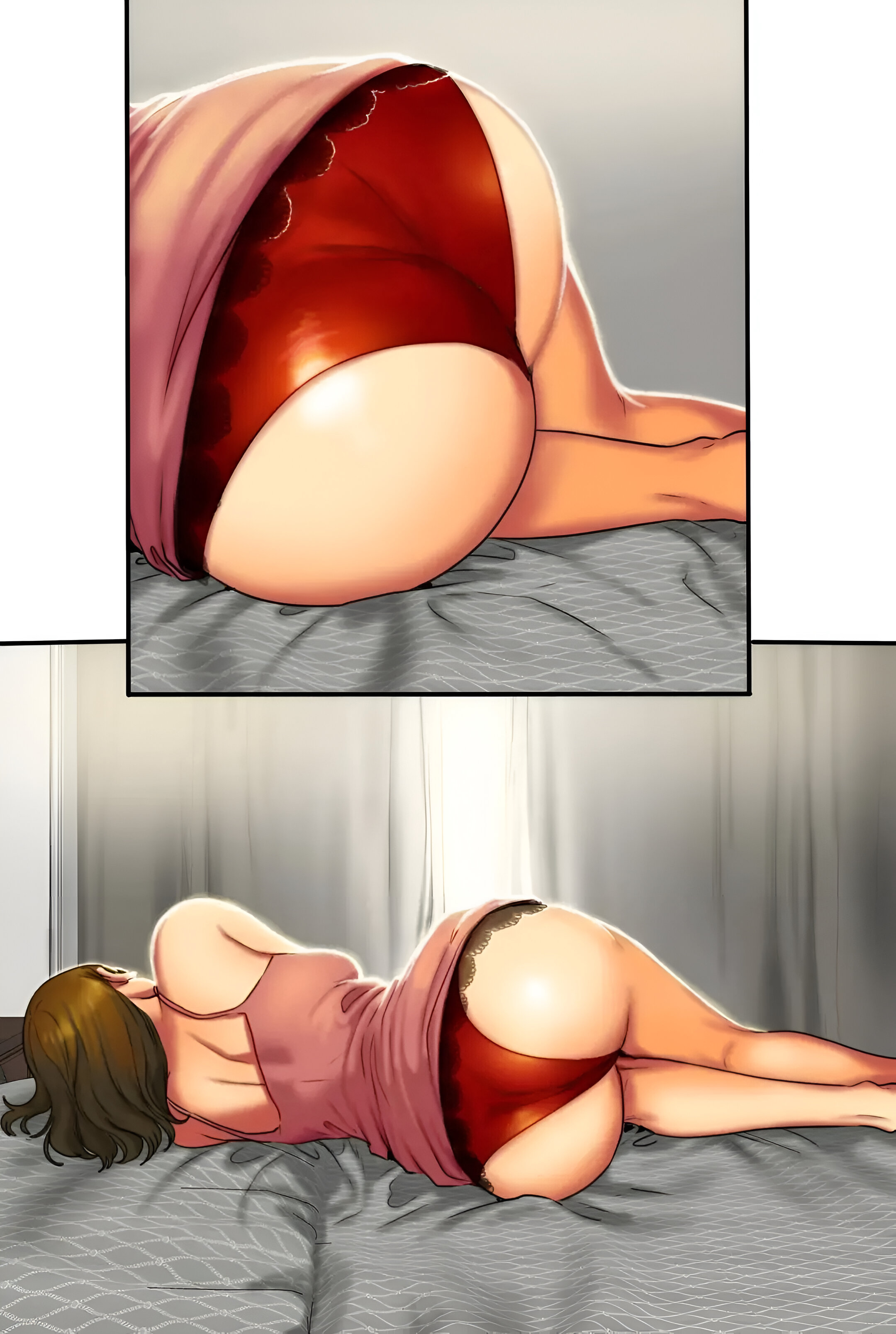 ass, ass focus, back, bare legs, bare shoulders, bare thighs, bed, bed sheet, bittersweet (pornhwa), brown hair, eun mira, female, indoors, langlali, lying, manhwa, mature female, medium hair, milf, nightgown, on side, panties, pornhwa, red panties, shiny skin, shoulder blades, sleeping, thighs, underwear, webtoon