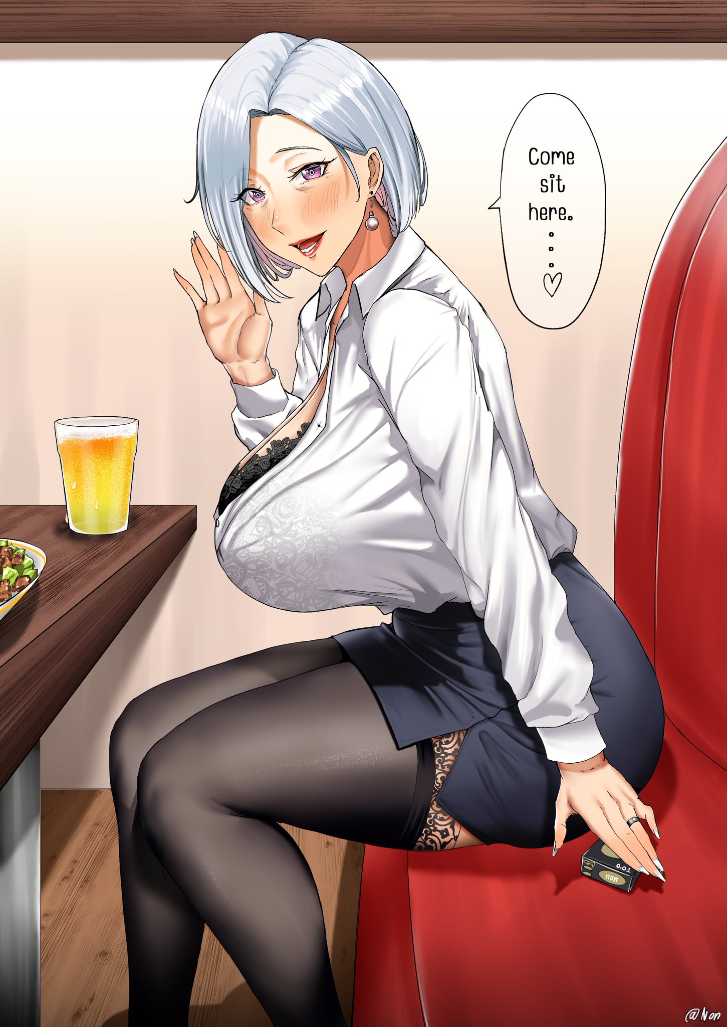 beer, business suit, business woman, condom, condoms, female, male, milf, n0n 001, nak (n0n 001), older female, older female and younger male, original character, stockings, white hair