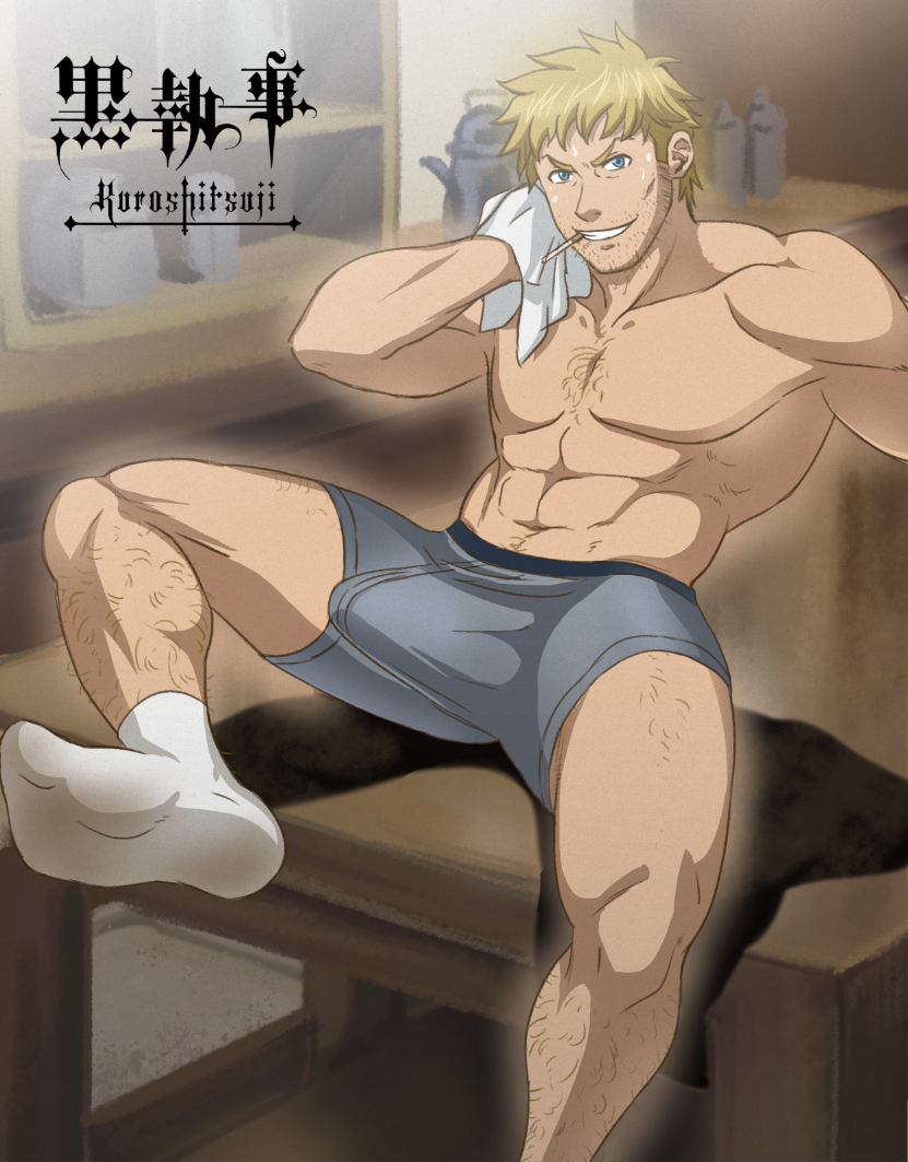 1boy abs aizenhower bara bardroy big_bulge blonde blonde_hair blue_eyes body_hair boxers bulge chest_hair dirty_socks erection erection_pushing_underwear erection_under_clothes facial_hair feet grey_boxers grey_underwear hairy_legs human human_only kitchen kuroshitsuji looking_at_viewer male male_only muscle muscular muscular_male naughty_face pecs pectorals sitting smile smiling socks solo solo_focus solo_male sweat sweatdrop teeth topless topless_male towel underwear undressing white_socks