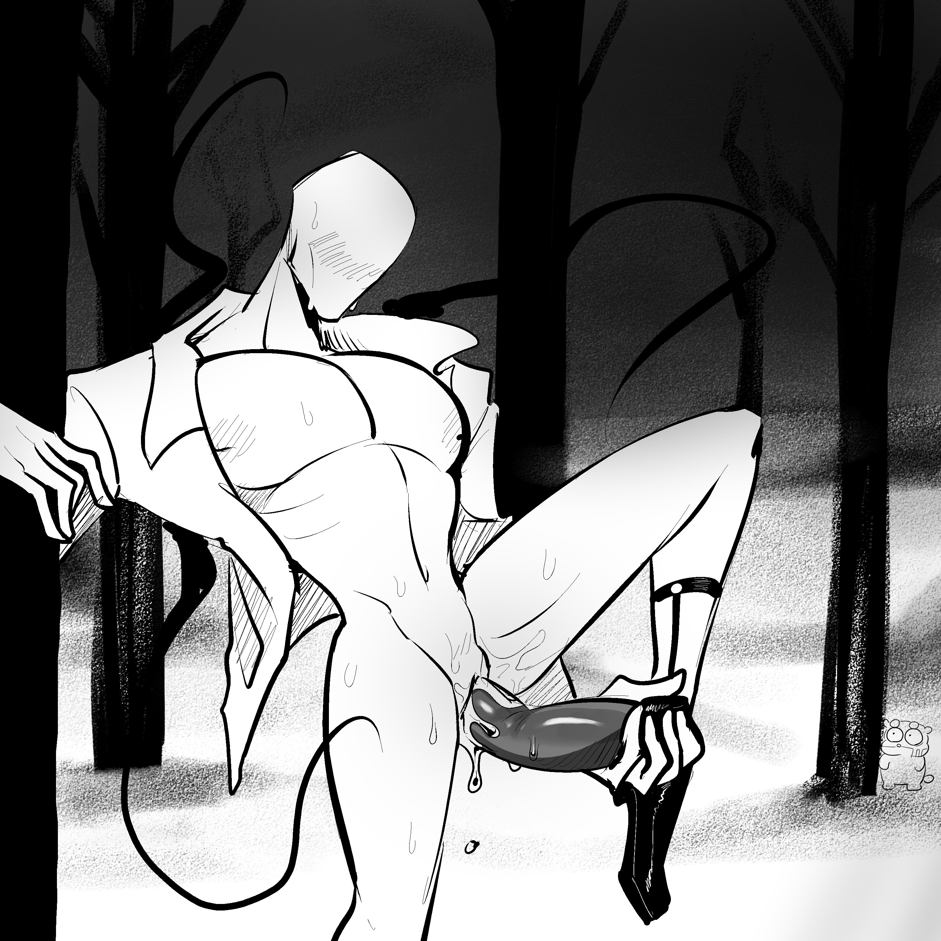 big chest, blush lines, creepypasta, cum, cum in pussy, cum inside, cuntboy, dildo, faceless, faceless male, flanco, forest, gay, intersex, male, muscular, penis, pussy, slenderman, solo, trans man, unbottoned shirt, white body