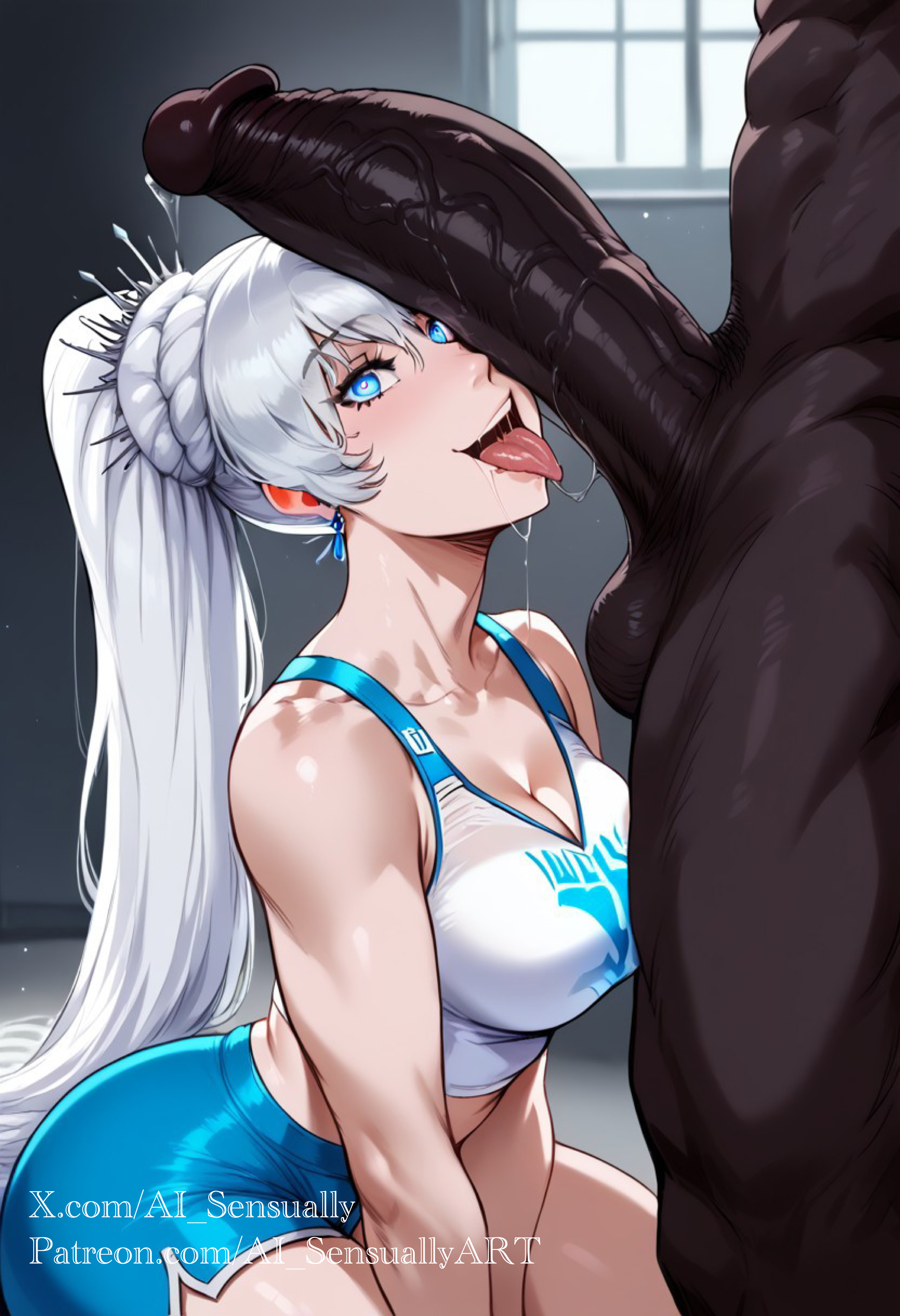 1boy, 1girls, 2d, ahe gao, ai generated, ai sensuality, big breasts, breasts, cleavage, cock worship, dark skin, dark-skinned male, female, gym, gym shirt, gym shorts, gym uniform, heart-shaped pupils, large penis, light skin, light-skinned female, male, penis, penis awe, penis on face, penis on head, penis on tongue, rwby, slender waist, submissive female, tongue, tongue out, weiss schnee, wide hips