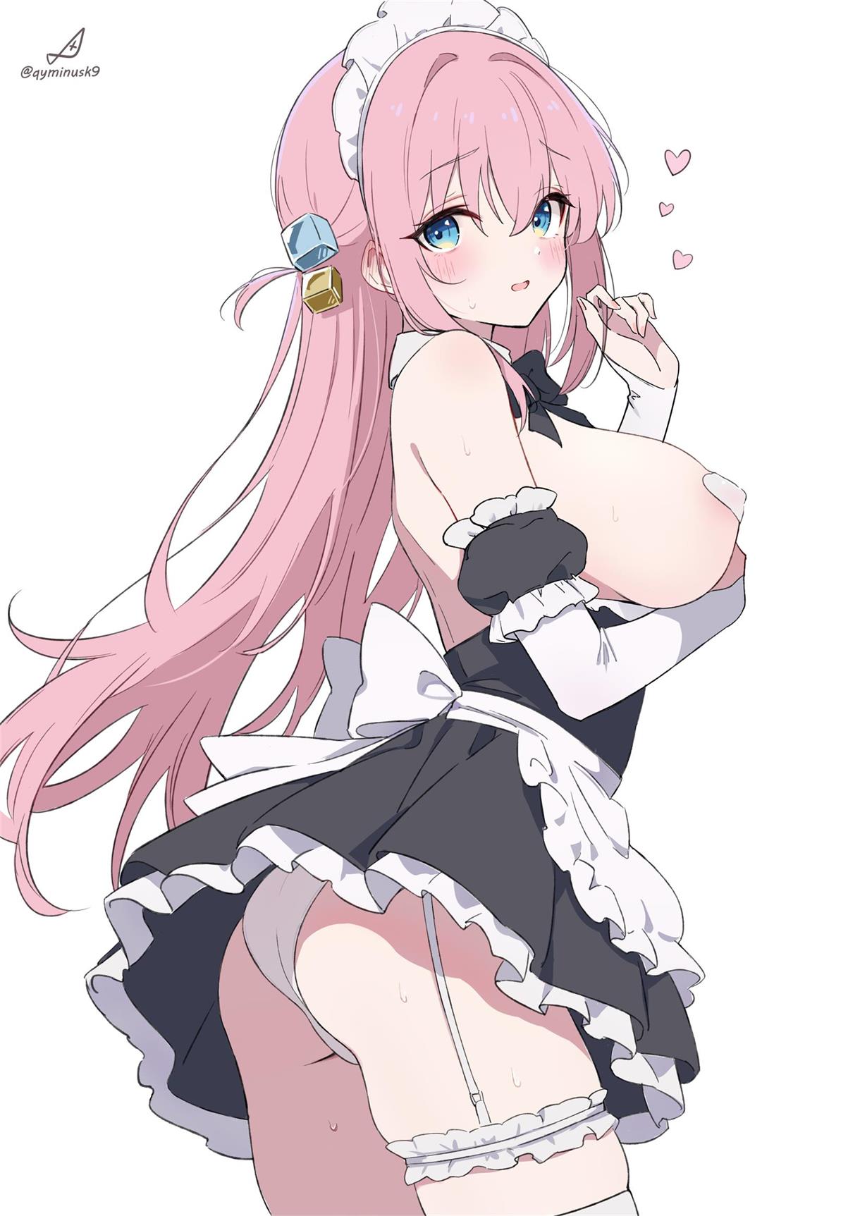 ass blue_eyes blush bocchi_the_rock! cube_hair_ornament gotou_hitori heart maid_uniform pink_hair qyminusk9 sideboob sweating