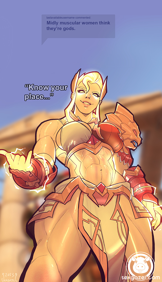1girls, 2d, abs, alternate costume, alternate eye color, alternate hair color, alternate hair ornament, alternate hairstyle, armor, blonde hair, dark skin, dark-skinned female, female, female only, gauntlets, glowing, greek mythology, hair ornament, junker queen, know your place, looking at viewer, meme, muscular, muscular female, muscular thighs, odessa stone, overwatch, overwatch 2, sexgazer, slightly muscular female, solo, thick thighs, zeus (cosplay), zeus junker queen