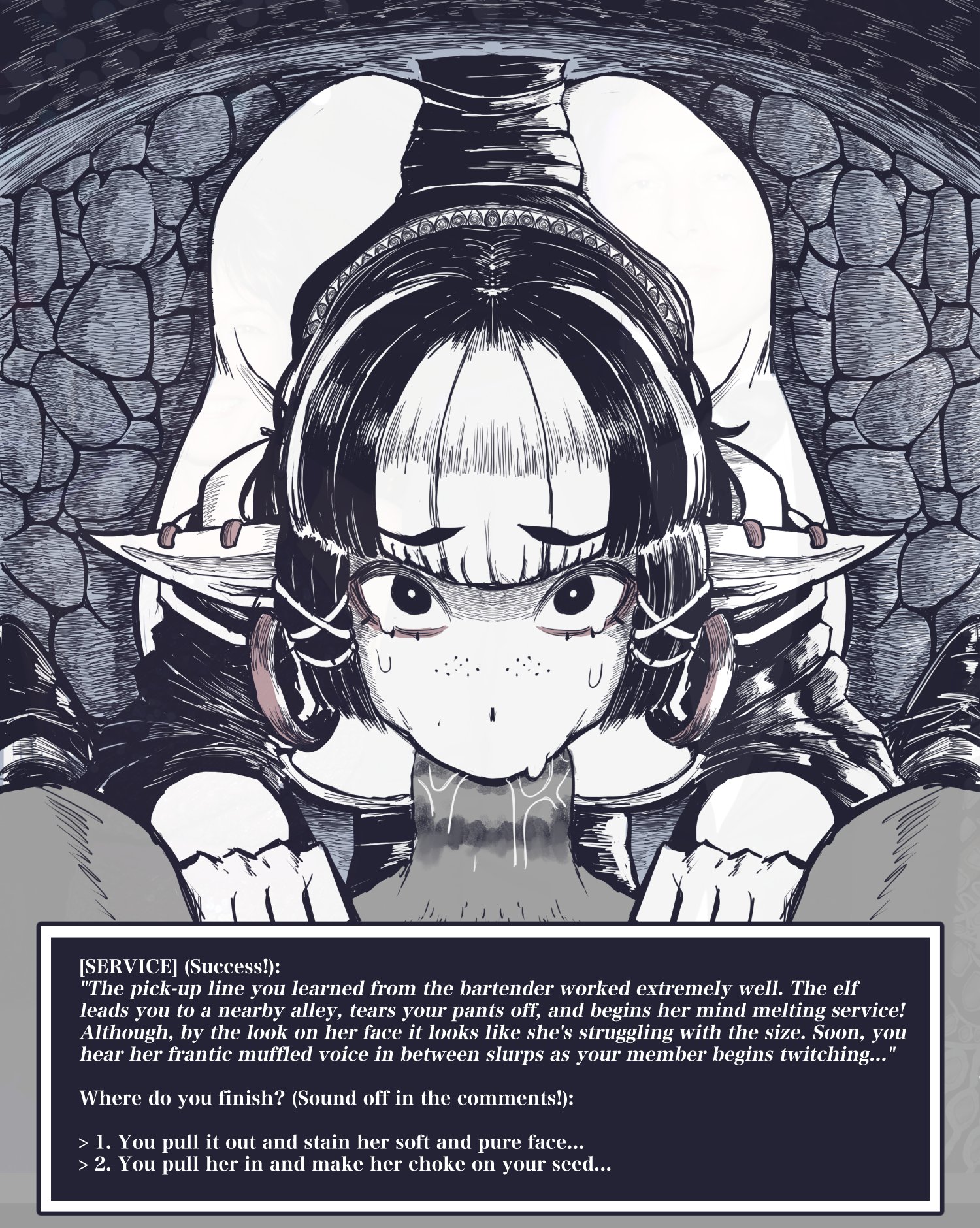 1boy, 1girls, 2d, elf, elf ears, elf female, fantasy, female, femsub, grimhild (tomboy sama), human, human dominating, human dominating humanoid, human/humanoid, lipstick, lipstick mark, lipstick on penis, looking at viewer, male, male dominating female, male domination, male/female, maledom, maledom/femsub, oc, oral, oral sex, original character, page 2, penis, sex, sucking penis, sweat, tagme, tomboy sama