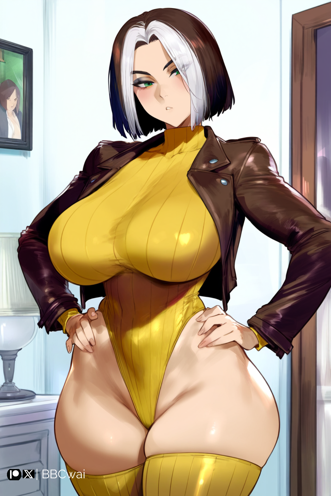 ai generated, anna marie, bbcwai, breasts, emo, female, hands on hips, hi res, hips, hourglass figure, huge breasts, huge thighs, marvel, marvel comics, mature female, mirror, rogue (evolution), rogue (x-men), solo, solo focus, x-men, x-men evolution