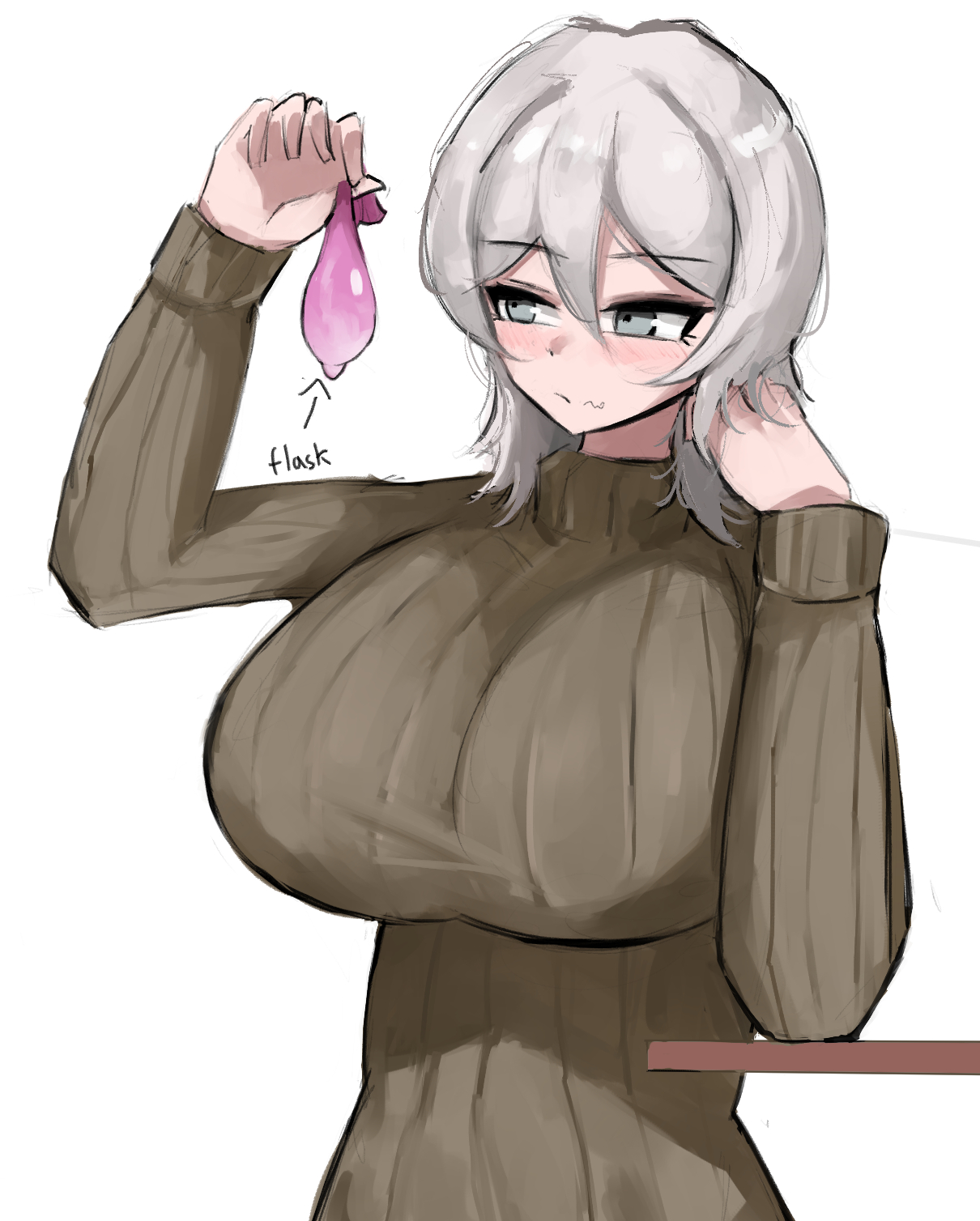 1girls, blush, breasts, busty, expressionless, eyebrows visible through hair, faust (limbus company), female, female only, filled condom, hair between eyes, holding condom, holding object, huge breasts, large breasts, leaning on object, leaning on table, limbus company, neutral expression, project moon, simple background, solo, stray pubic hair, sweater, white background, white hair, www1 (artist)