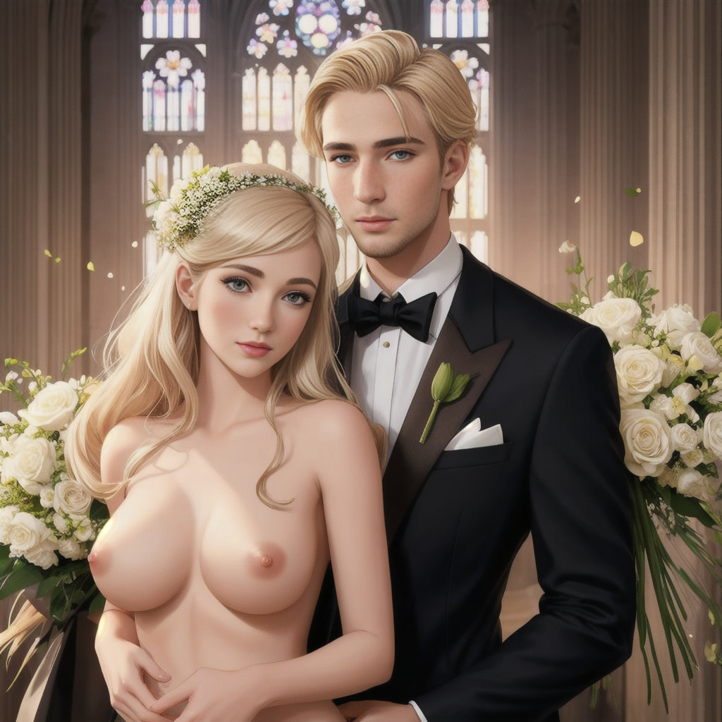 ai_generated blonde_female blonde_hair blonde_hair_female blonde_hair_male church clothed_male_nude_female cmnf exposed_breasts flowers flowers_in_hair human human_female human_male just_married light-skinned_female light-skinned_male light_skin long_hair looking_at_viewer makeup married married_couple nhumanfuture original original_characters perfect_body perfect_boobs photoshoot public public_nudity topless topless_female tuxedo wedding wedding_dress