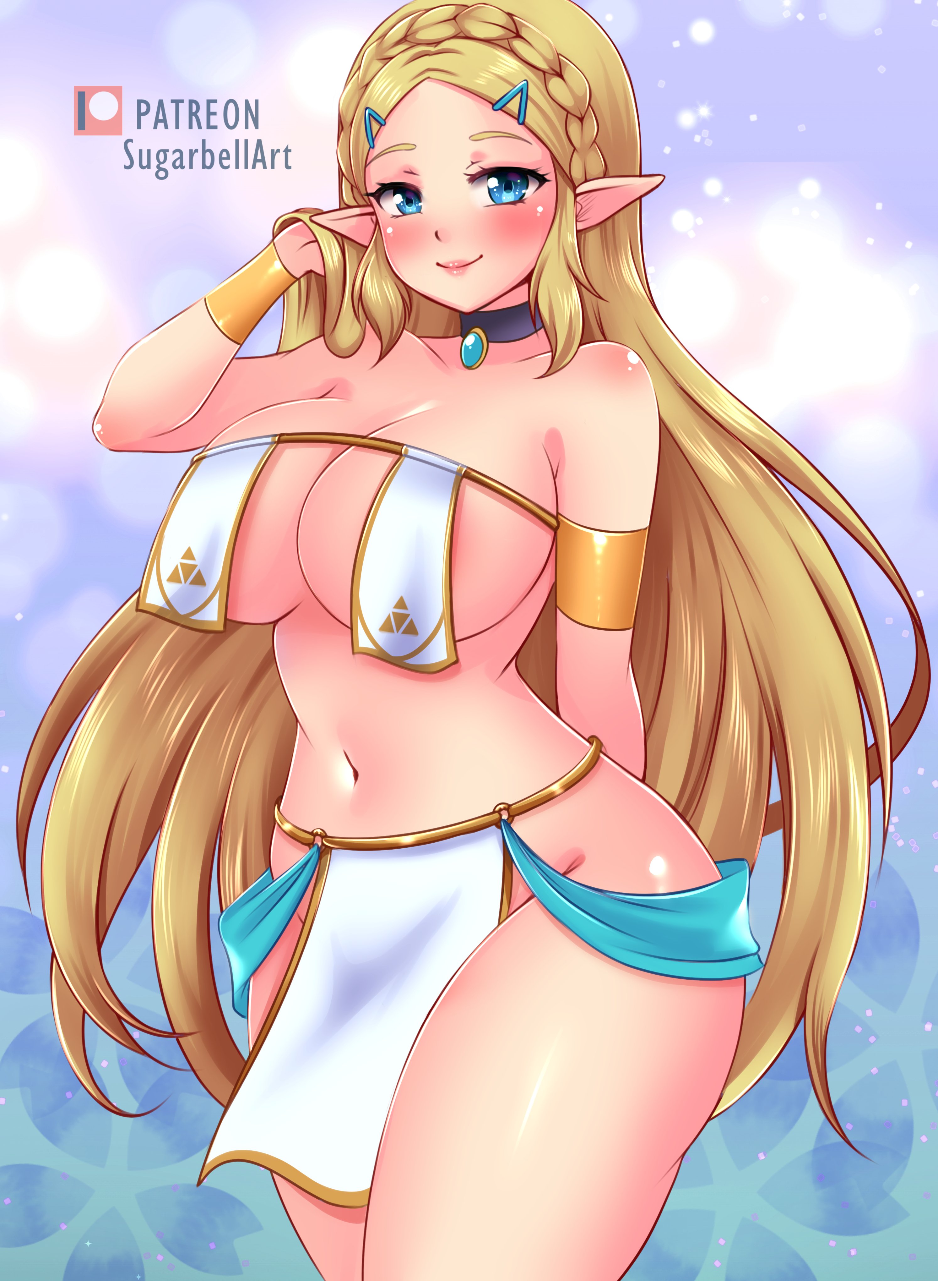 1girls, big breasts, blonde hair, breasts, breath of the wild, cleavage, clothed, clothing, female, green eyes, large breasts, long hair, looking at viewer, midriff, nintendo, princess zelda, sky, sugarbell, the legend of zelda, zelda (breath of the wild)