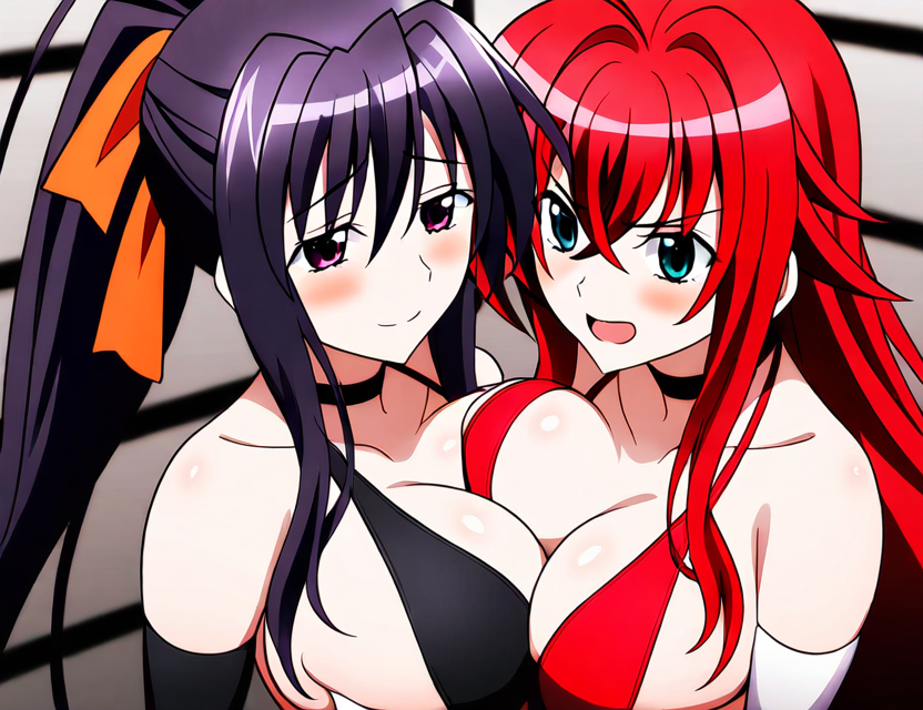 2girls ahoge ai_generated akeno_himejima antenna_hair big_breasts black_hair blush couple crimson_hair female_only fighting_ring hair_ribbon high_school_dxd lesbian light_skin looking_at_each_other orange_ribbon ponytail pressing_breasts_together rias_gremory sky_blue_eyes very_long_hair violet_eyes voluptuous yuri