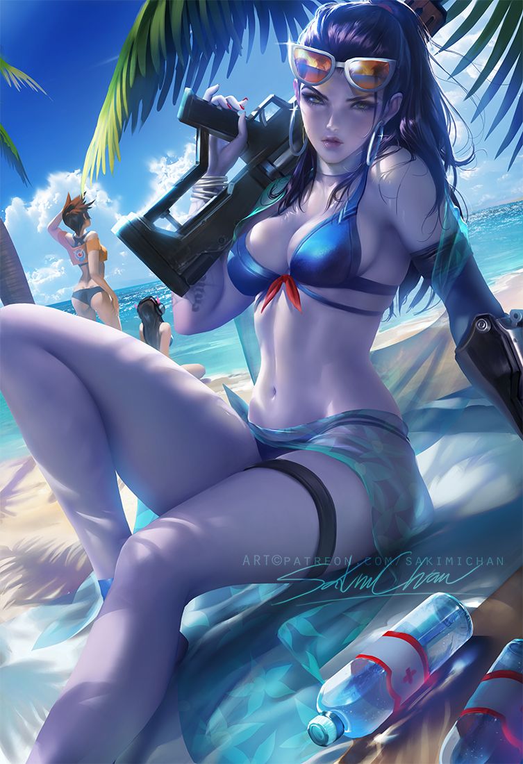 alternate costume, beach, bikini, blizzard entertainment, blue hair, breasts, cleavage, cote d'azur widowmaker, female, medium breasts, overwatch, ponytail, purple skin, sakimichan, sitting, solo, widowmaker