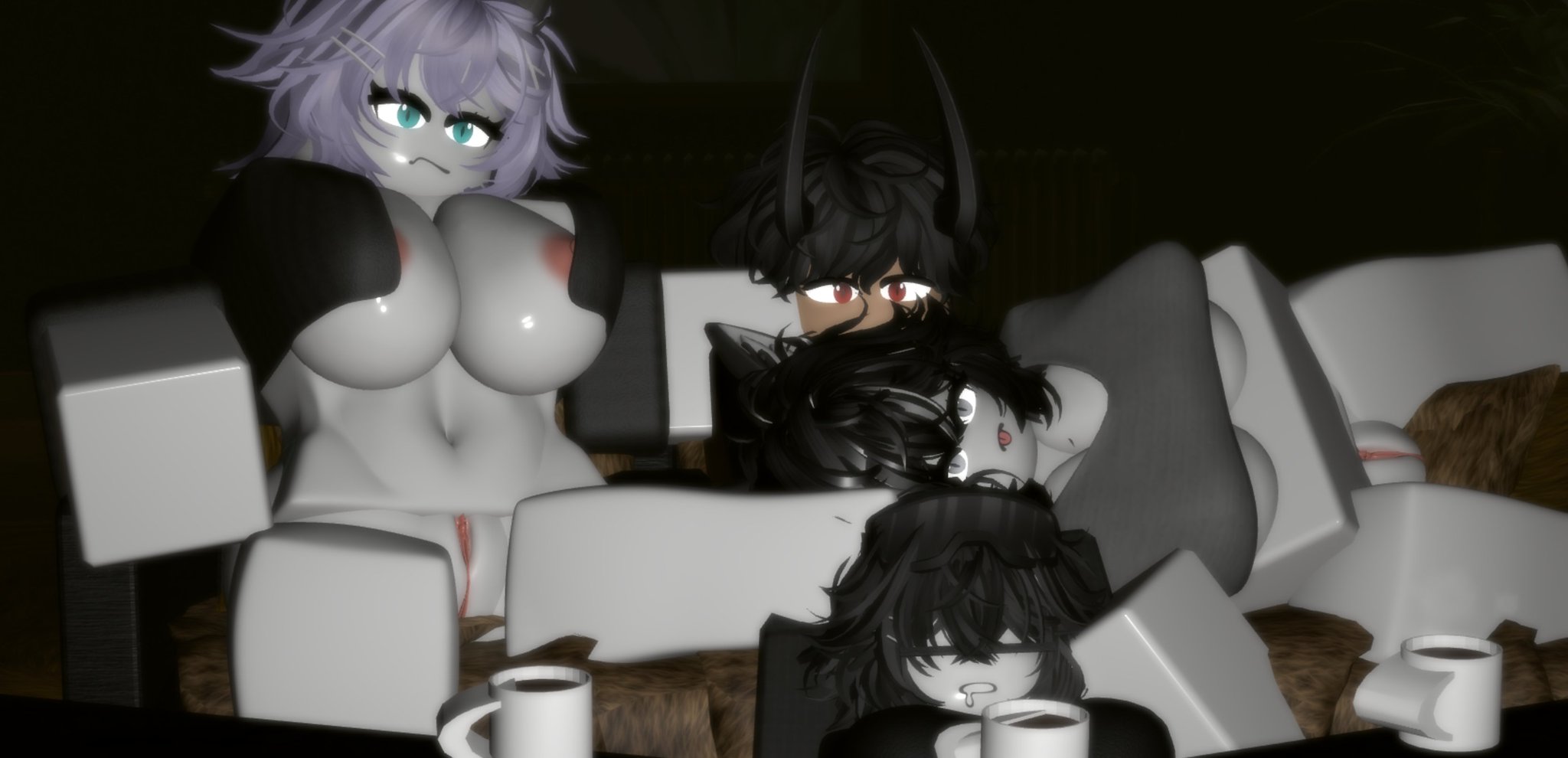1girls, 3d, 3girls, areolae, breasts, cat girl, catgirl, demon, demon boy, exposed pussy, female, fox girl, lying on person, male, pale skin, pussy, roblox, robloxian, self upload, sitting, stomach, tagme, thighs, tonyrr34, watching tv, white skin