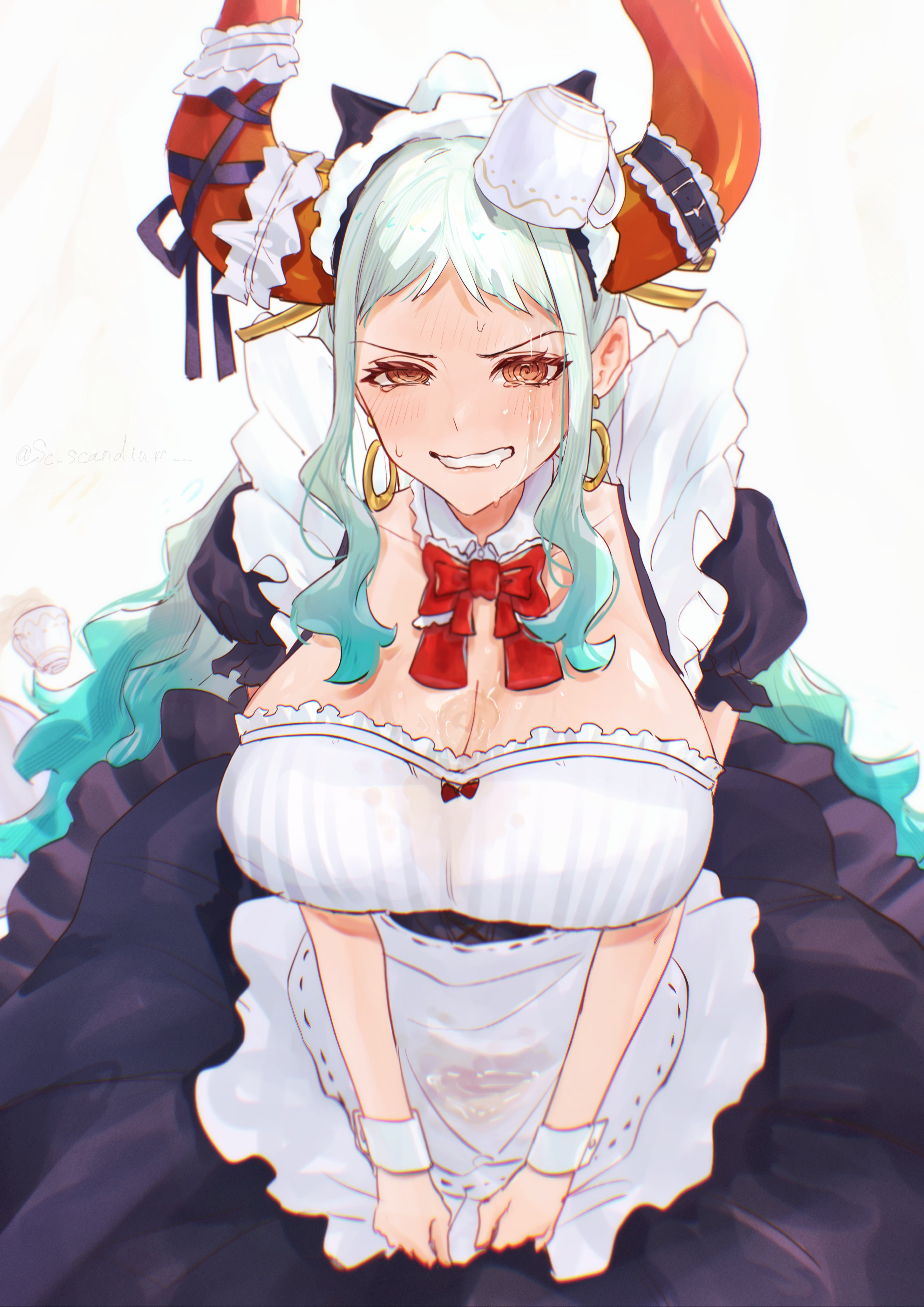 @ @, 1girls, artist name, big breasts, blush, breasts, cleavage, clothing, cuffs (clothing), detached cuffs, earrings, female, female focus, female only, horns, huge breasts, large breasts, light skin, light-skinned female, liquid on breast, long hair, maid, maid apron, maid headdress, maid uniform, one piece, red eyes, sc scandium, simple background, solo, spilled drink, swirly eyes, teacup, two-tone hair, v arms, white background, white hair, white-haired female, yamato (one piece)