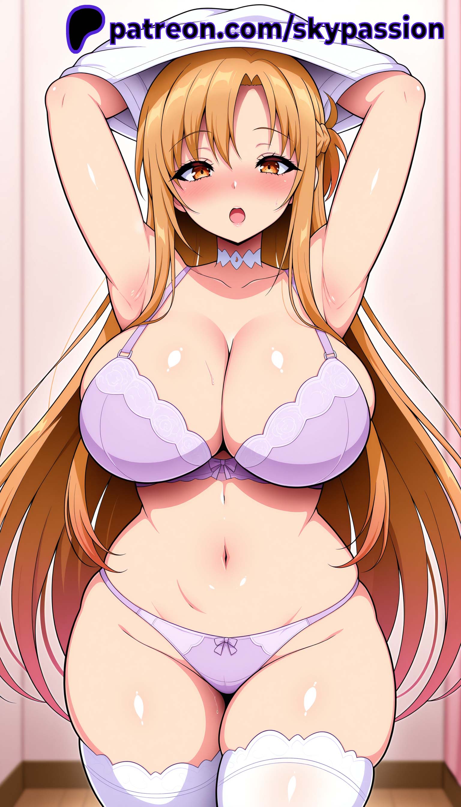 1woman 2025 :o ai ai_assisted ai_generated anime anime_girl anime_style armpits arms_up arstist_name art_online asuna_(sao) blush bow bra braid breast breast_focus breasts breasts_focus brown_eyes brown_hair choker cleavage collarbone cowboy_shot curvy female female_focus female_only french_braid groin hi_res high_quality high_resolution highres indoors large_breasts long_hair looking_at_viewer navel open_mouth panties patreon patreon_username purple_bra purple_panties sao seductive seductive_look seductive_pose shiny_skin shirt skypassion solo solo_focus stable_diffision standing stomach sword_ sword_art_online thighhighs thighs underwear undressing very_long_hair watermark white_choker white_shirt white_thighhighs wide_hips