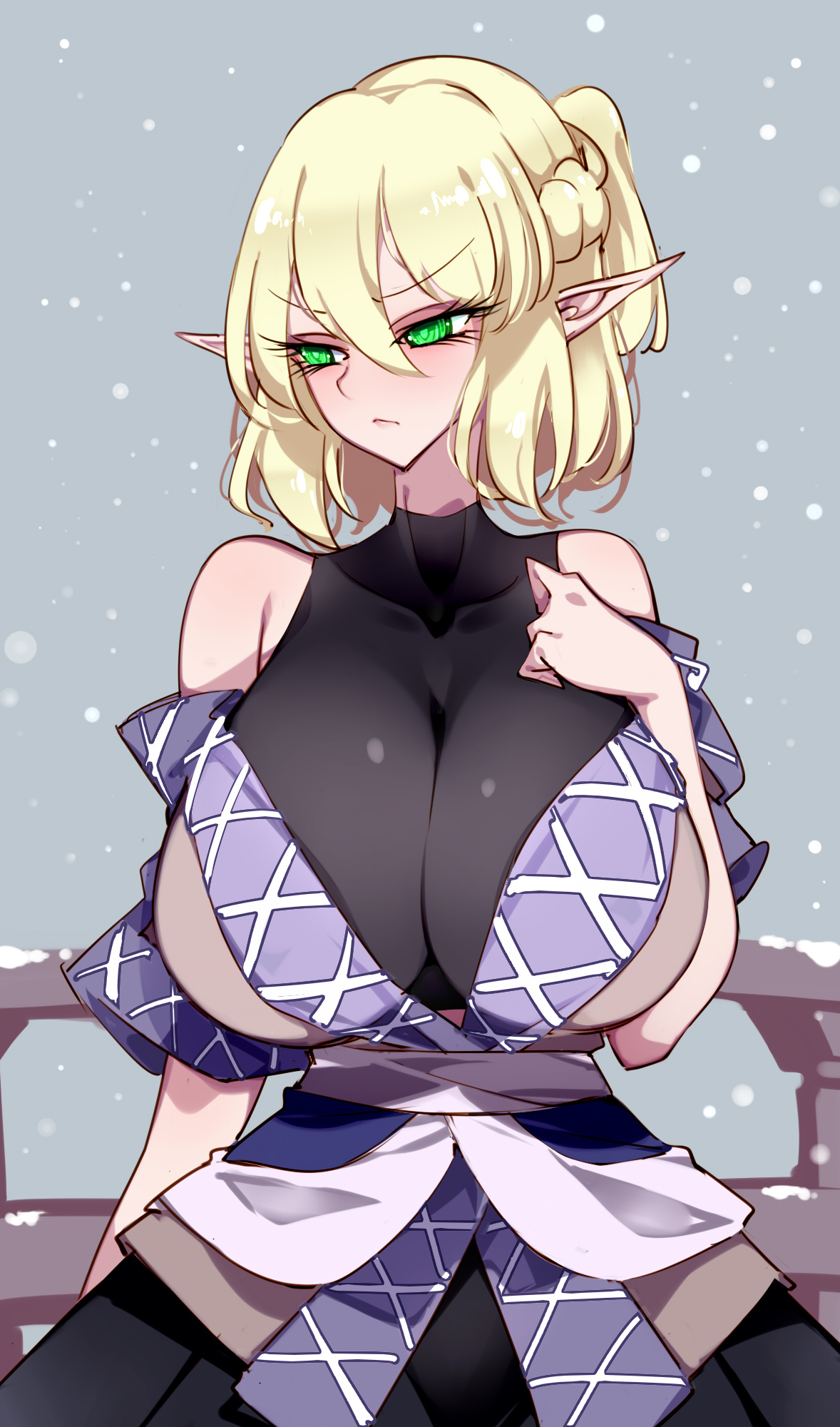 alternate breast size, black shirt, black skirt, blonde hair, blush, breasts, brown shirt, closed mouth, commentary, cowboy shot, female, frown, green eyes, grey background, hair between eyes, half up braid, highres, huge breasts, long bangs, looking to the side, mizuhashi parsee, off shoulder, ponytail, railing, raptor7, sash, shirt, short hair, short ponytail, short sleeves, skirt, snowing, solo, symbol-only commentary, touhou, undershirt, v-shaped eyebrows, white sash