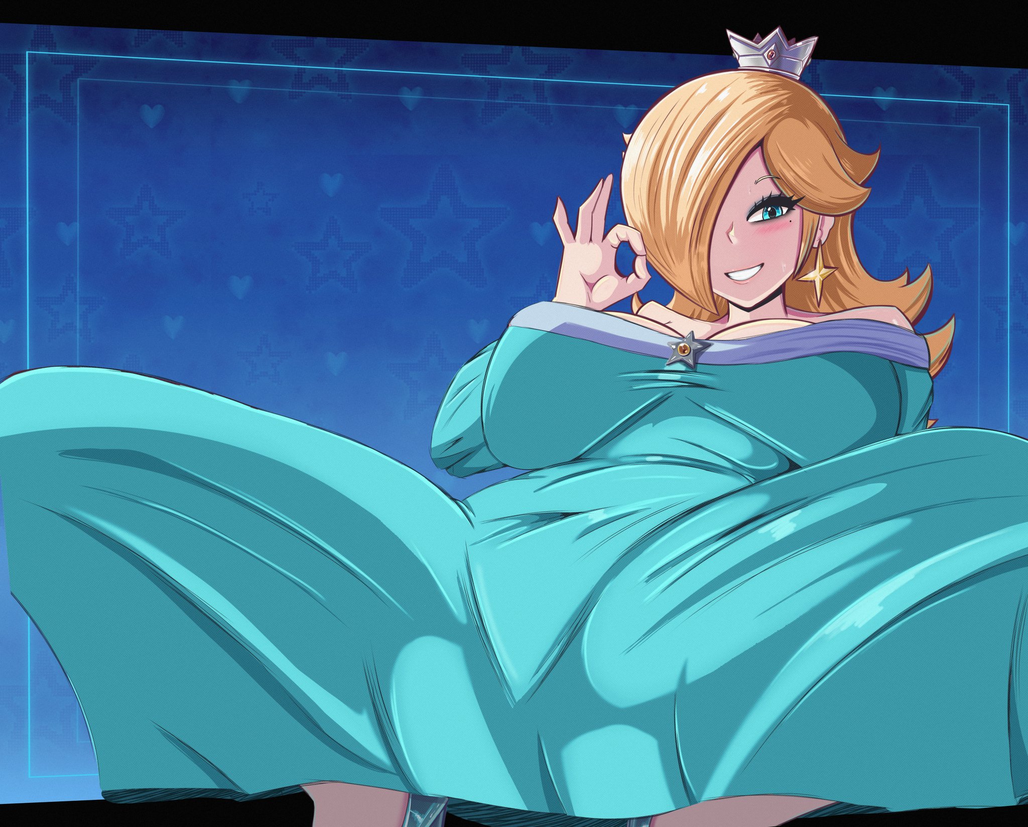 1girls, 2025, alternate version available, big breasts, blonde hair, blue dress, blush, crown, dress, female, female only, hair over one eye, heels, looking at viewer, mario (series), nadx, nadx altra, nintendo, princess, princess rosalina, smile, solo, solo female, spreading, spreading legs, super mario bros., super mario galaxy
