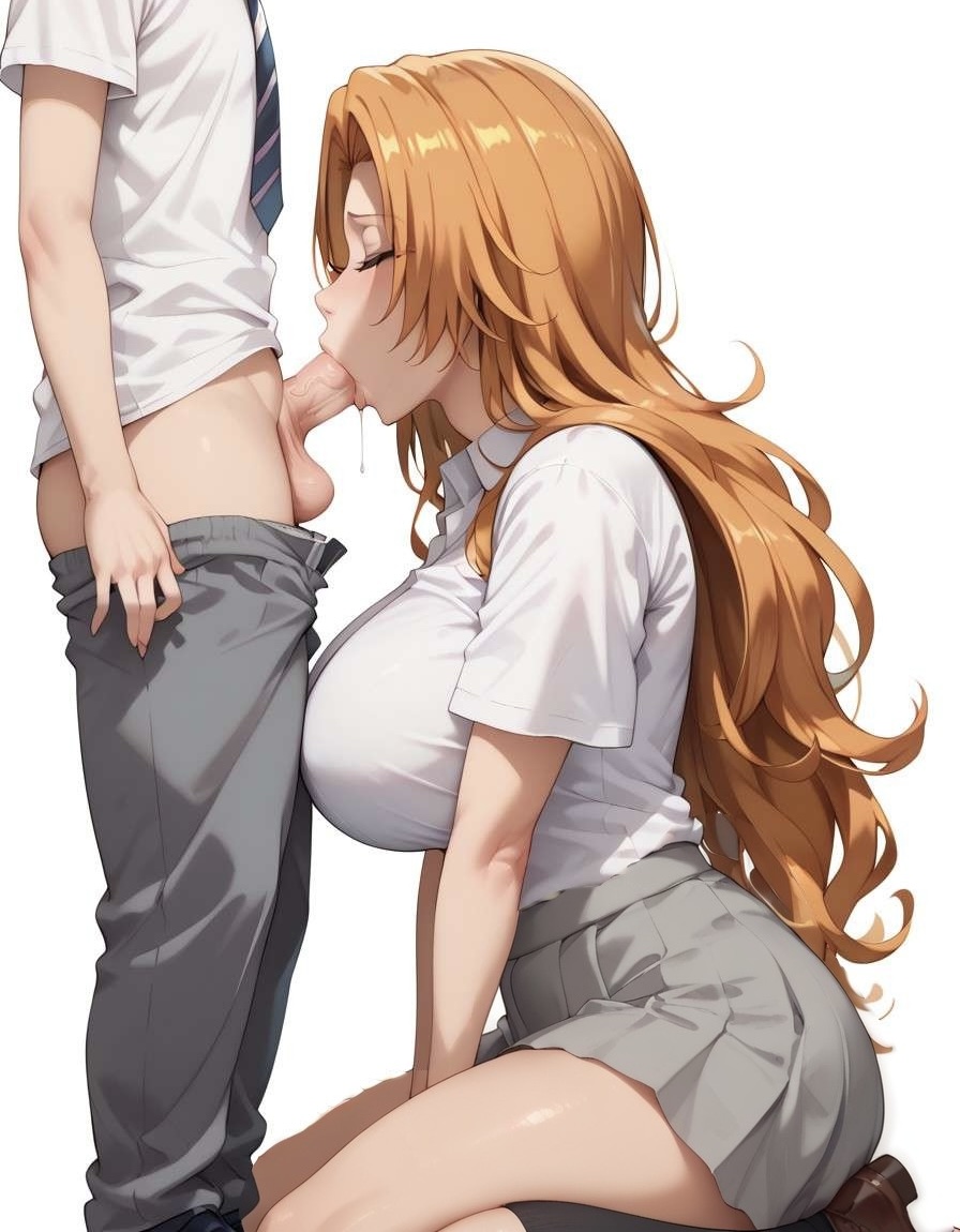 ai_generated bleach blowjob breasts female kneeling matsumoto_rangiku older_female orange_hair school_uniform schoolgirl sucking younger_male