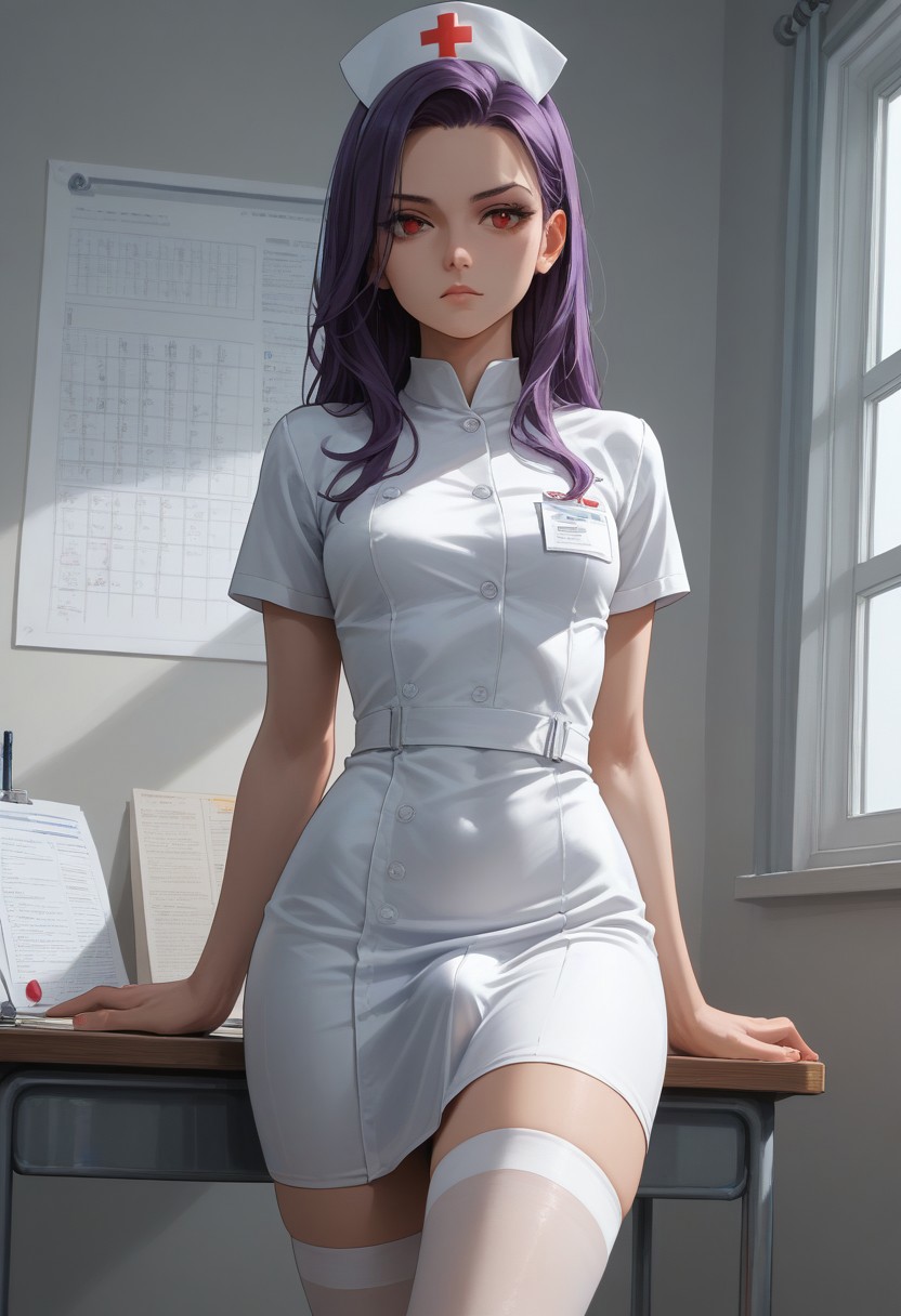 1futa ai_generated futa_only futanari hospital jamesbron leaning legwear long_hair nurse nurse_cap nurse_uniform penis_bulge purple_hair red_eyes small_breasts solo solo_futa standing stockings thighhighs thighs white_legwear white_stockings