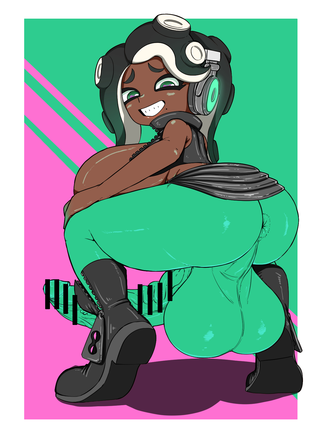 anus, ass, balls, big ass, breasts, censored, dickgirl, erection, erection under clothes, futa sans pussy, futanari, grin, headphones, huge balls, huge breasts, huge cock, impossible clothes, intersex, kuchibasi2001, looking at viewer, looking back, marina (splatoon), nintendo, penis, perineal raphe, perineum, skin tight, solo, splatoon, squatting, tentacle hair, tight clothing