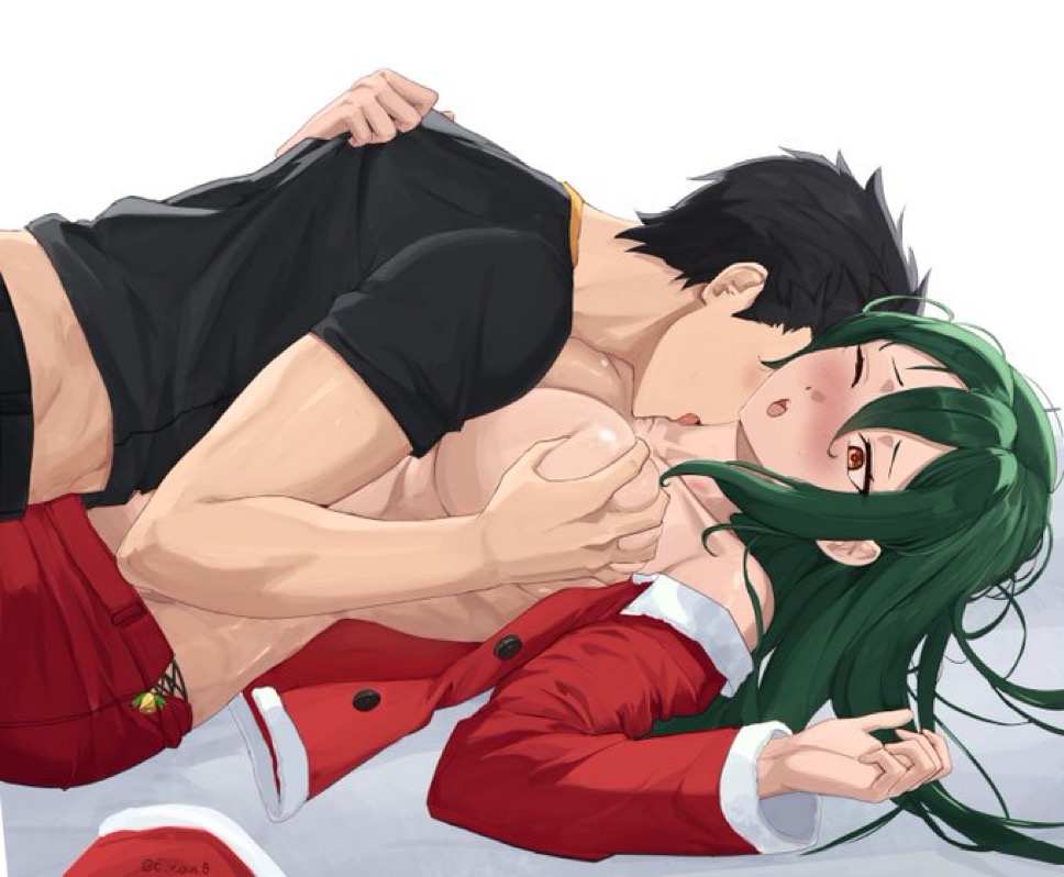  e v o n 0, akihitoevon, big breasts, breasts, christmas, christmas outfit, crusch karsten, dominant male, grabbing breasts, hickey, horny, kissing neck, male, natsuki subaru, on bed, re:zero kara hajimeru isekai seikatsu, sideboob