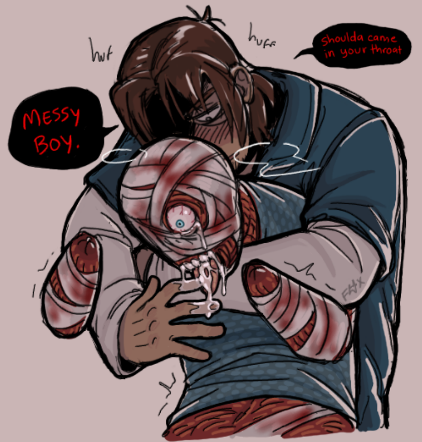 2boys after_oral after_rape bandages bloody_bandage blush burn_scar crying cum_in_mouth curly_(mouthwashing) dialogue fully_clothed gay jimmy_(mouthwashing) male_only male_ryona mouthwashing oral_rape panting post_rape rape rape_victim yaoi