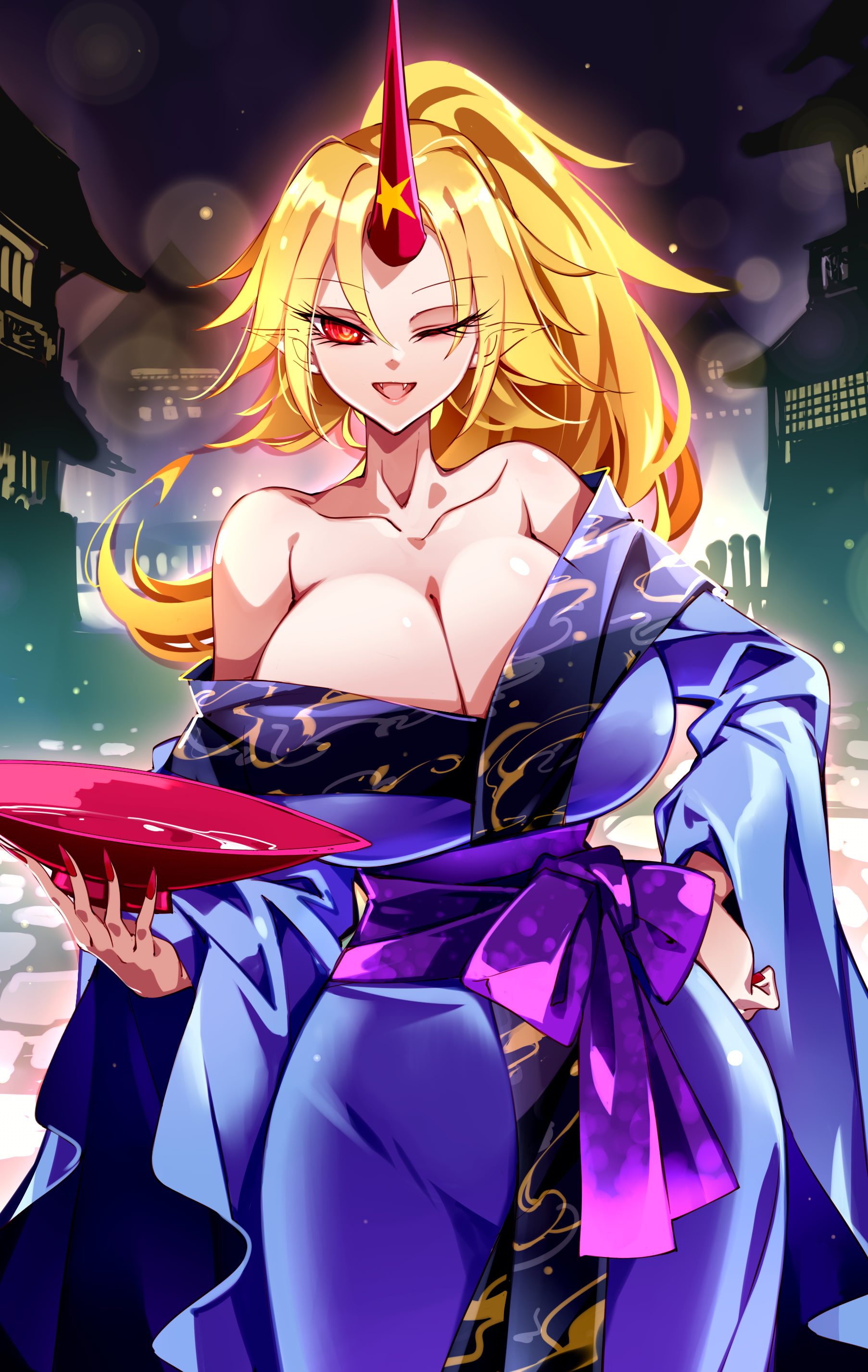 1girls, absurdres, alcohol, architecture, big breasts, blonde hair, blush, breasts, cleavage, colored sclera, east asian architecture, fangs, female, female only, hand on own hip, highres, holding, horns, hoshiguma yuugi, hoshiguma yuugi (kimono), huge breasts, japanese clothes, kimono, large breasts, light-skinned female, long fingernails, long hair, long sleeves, looking at viewer, one eye closed, oni, oni female, open mouth, outdoors, pointy ears, ponytail, purple kimono, raptor7, red eyes, red horns, red nails, red sclera, sake, sake dish, single horn, sky, smile, touhou, wink