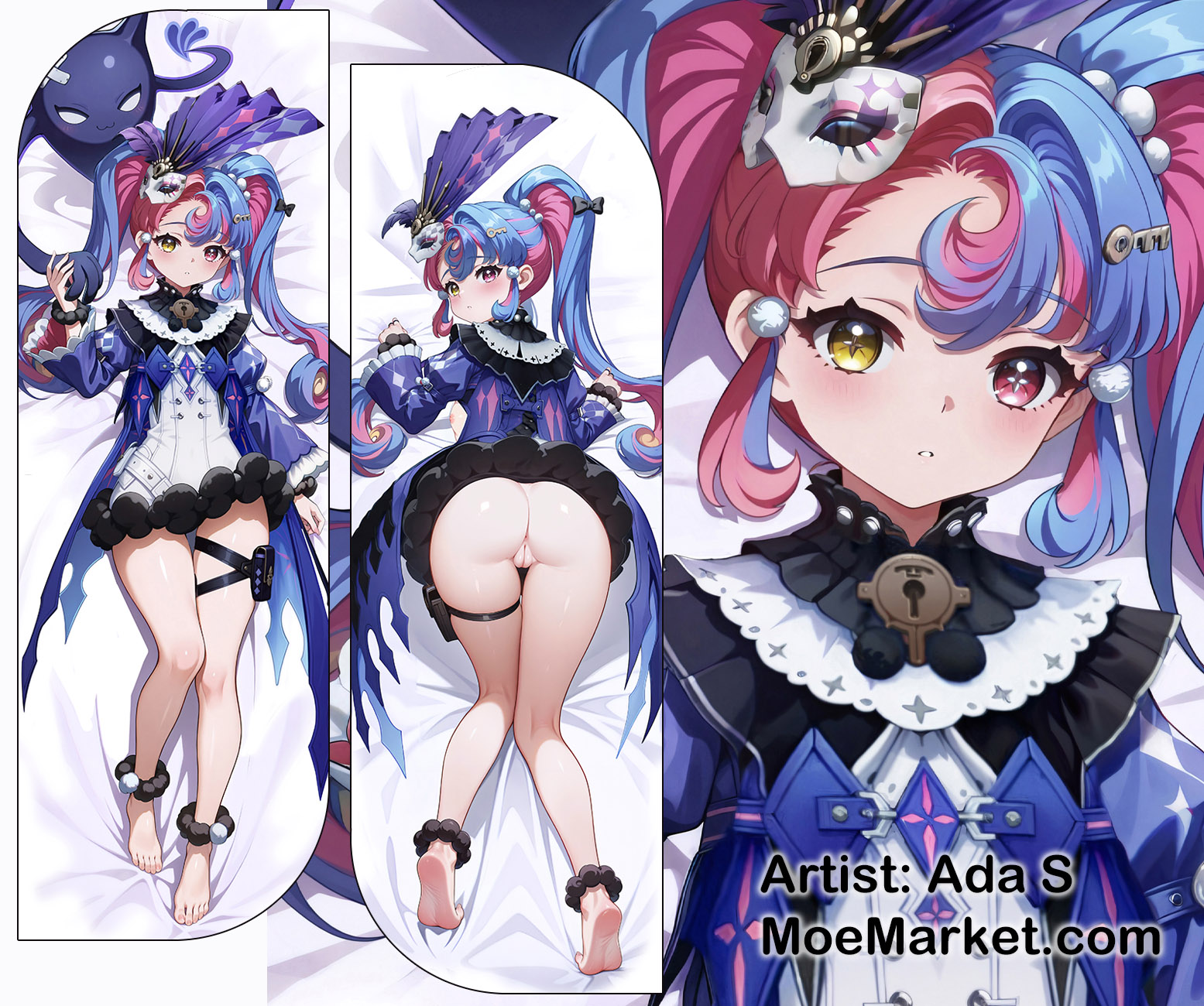 1girls, ai generated, breasts, dakimakura, female, heterochromia, looking at viewer, roccia (wuthering waves), small breasts, white dress, wuthering waves