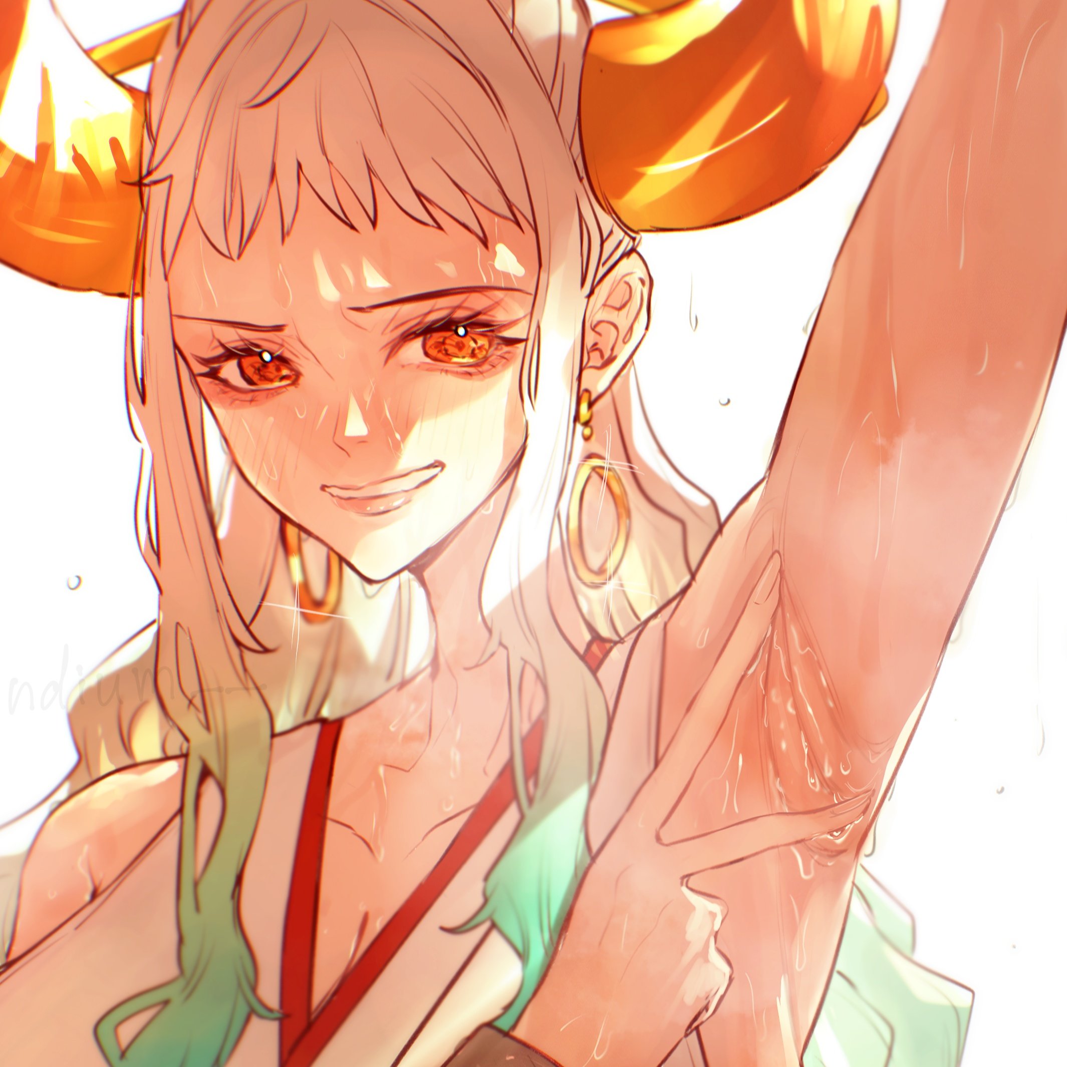 1girls, arm up, armpit crease, armpit fetish, armpits, blush, clothed, clothing, collarbone, earrings, female, female focus, female only, horns, long hair, one piece, red eyes, sc scandium, simple background, solo, steam, steaming body, sweat, sweating, sweaty, sweaty armpits, two-tone hair, upper body, v, white background, white hair, white-haired female, yamato (one piece)